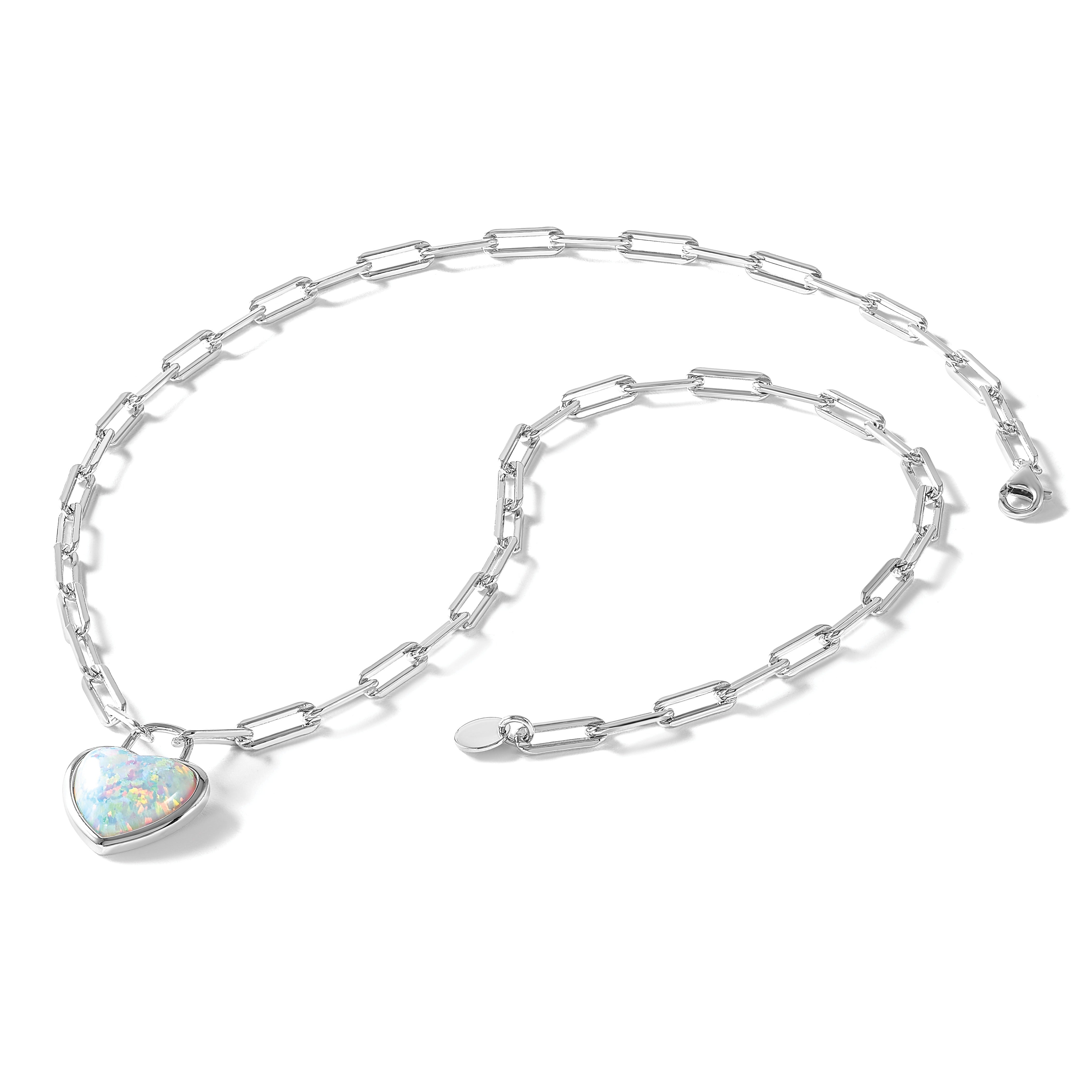 Sterling Silver Created Opal Heart Paperclip Link Necklace