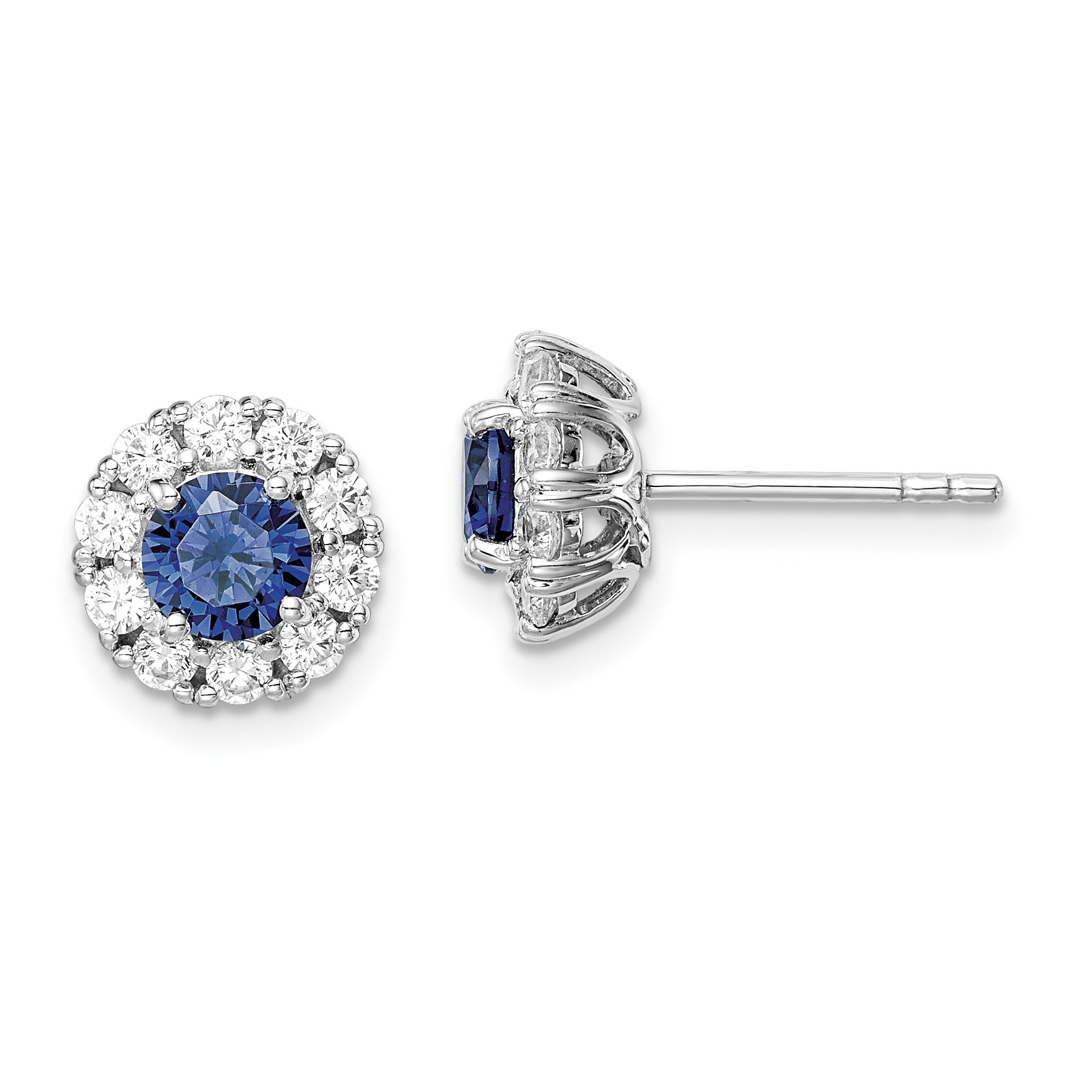 Round Blue Cubic Zirconia Prong Rhodium Plated Silver Halo Post Button Earrings