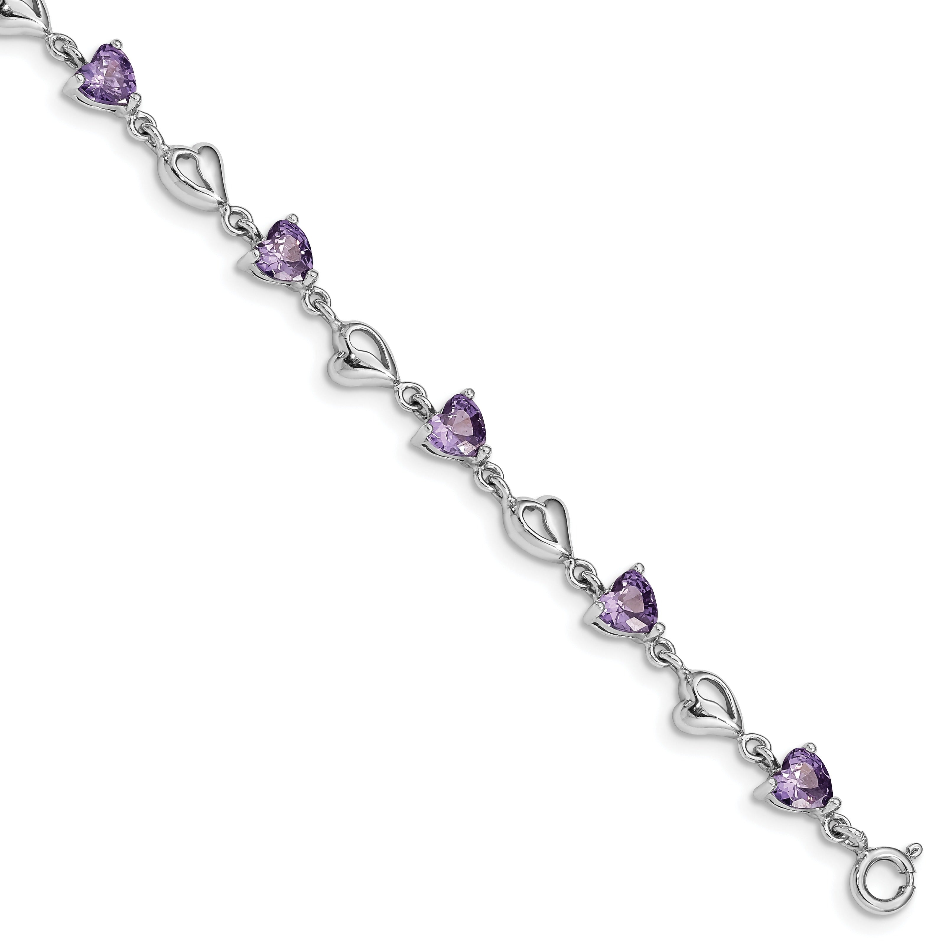 Sterling silver bracelet with heart-shaped purple gemstones and open heart links, Fine Color Jewels