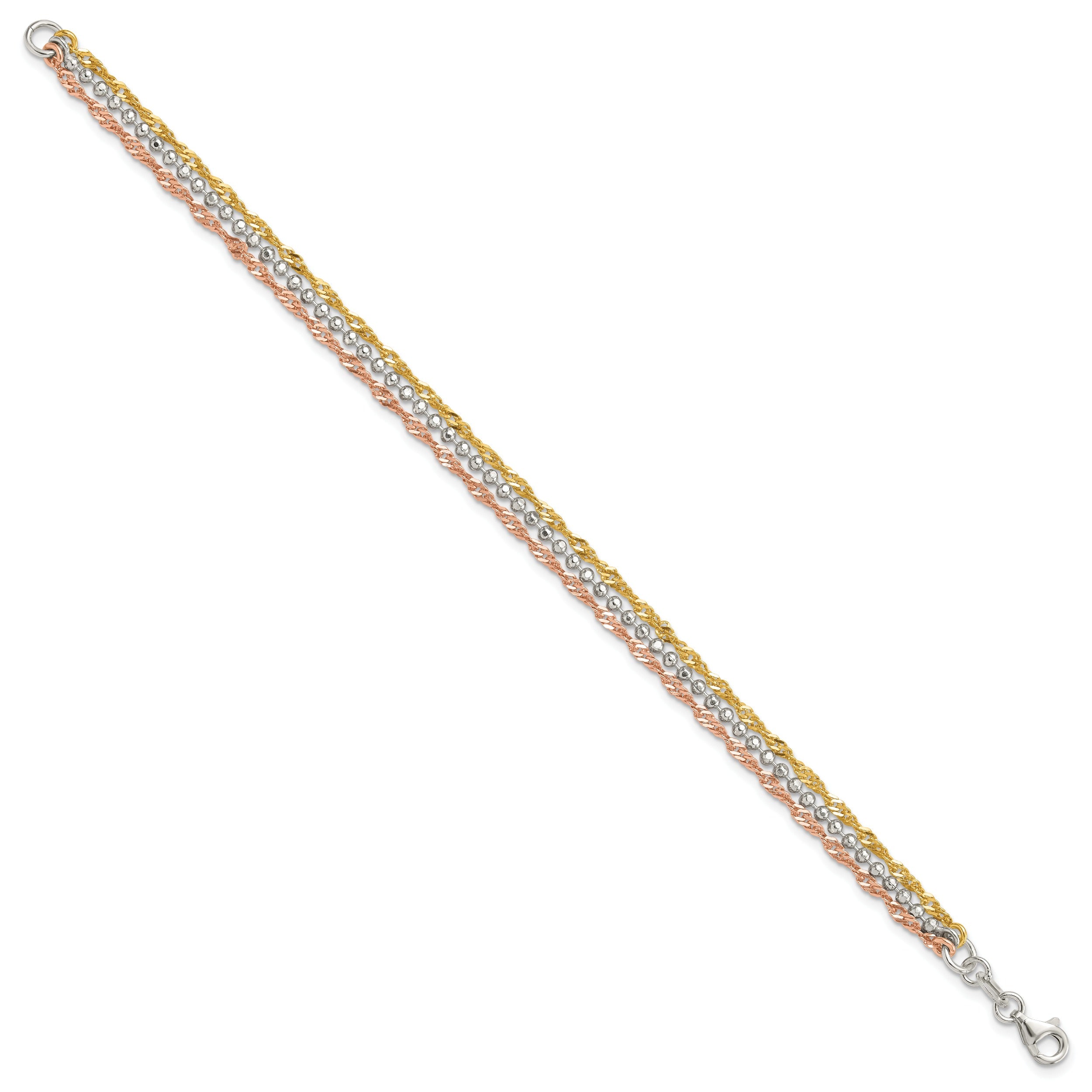 Silver Gold-tone and Rose Tone 3 Strand Unisex Chain Bracelet