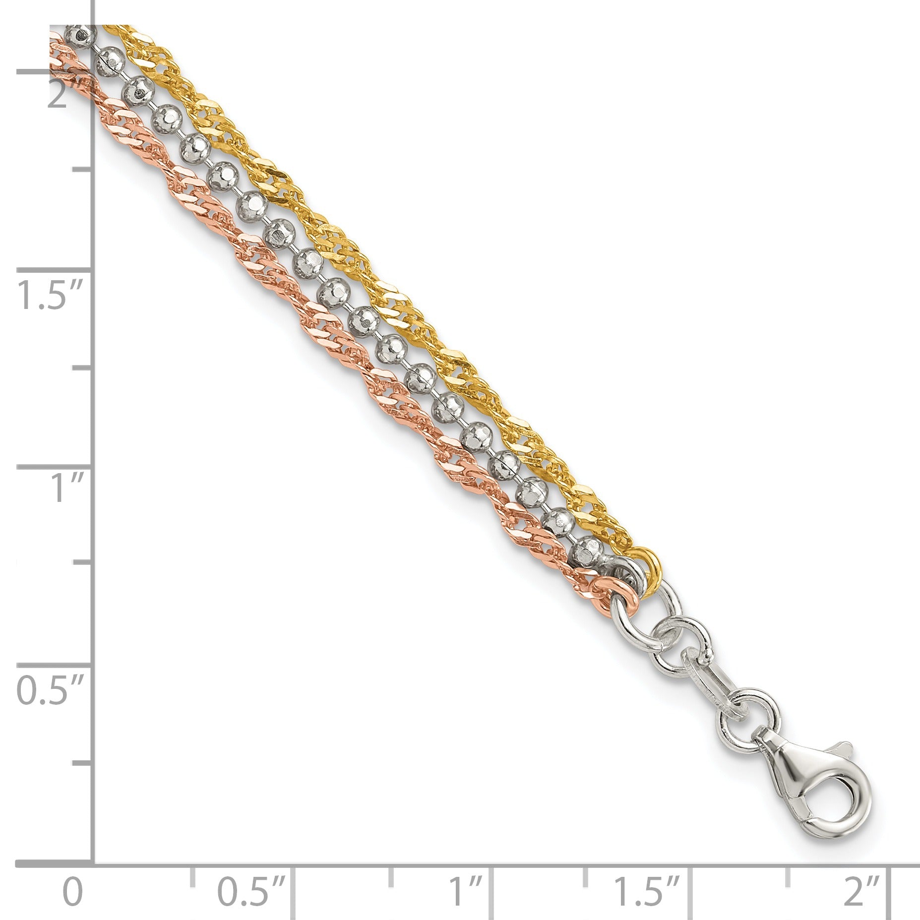 Silver Gold-tone and Rose Tone 3 Strand Unisex Chain Bracelet
