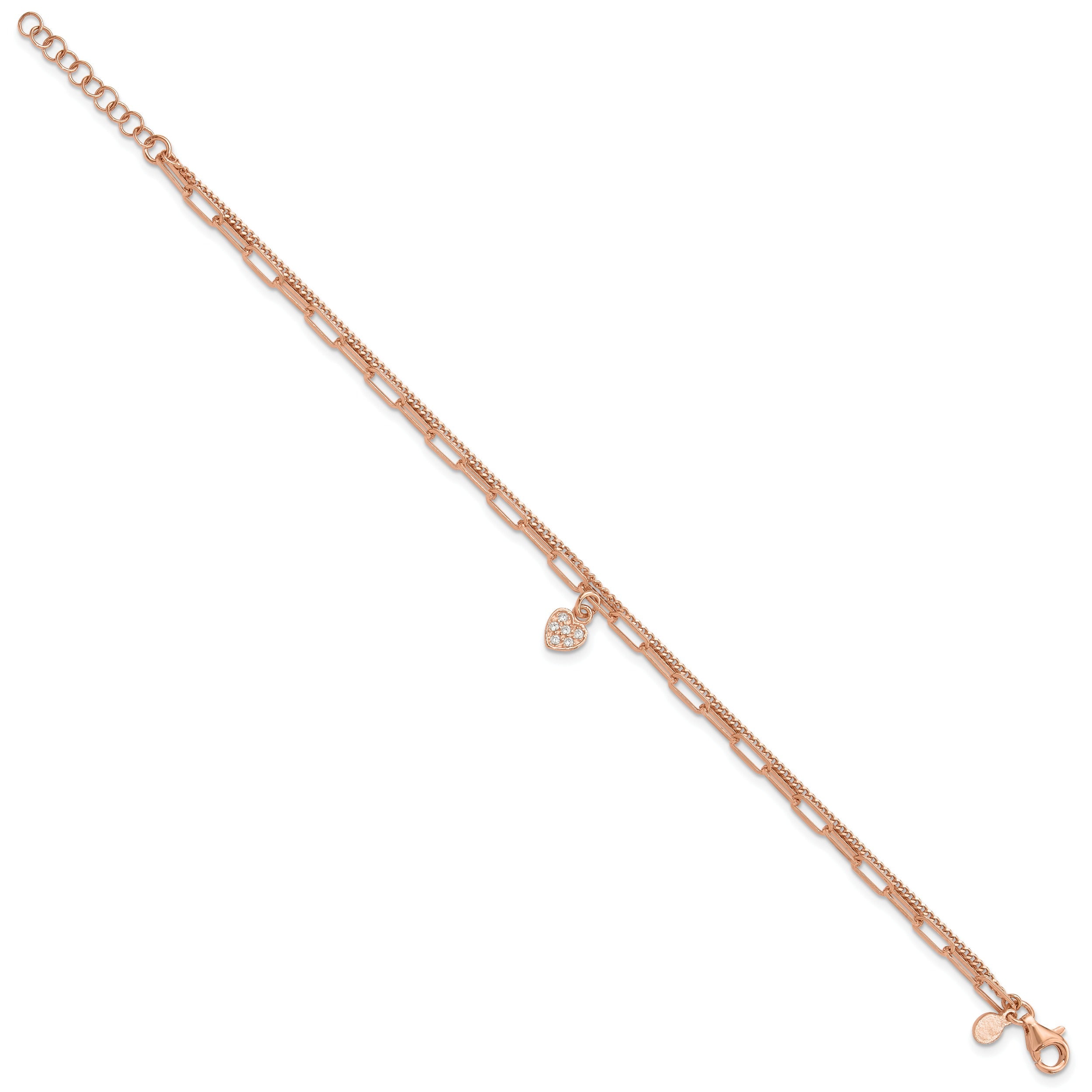 Cubic Zirconia Rose Gold Over Silver Heart Unisex Link Bracelet