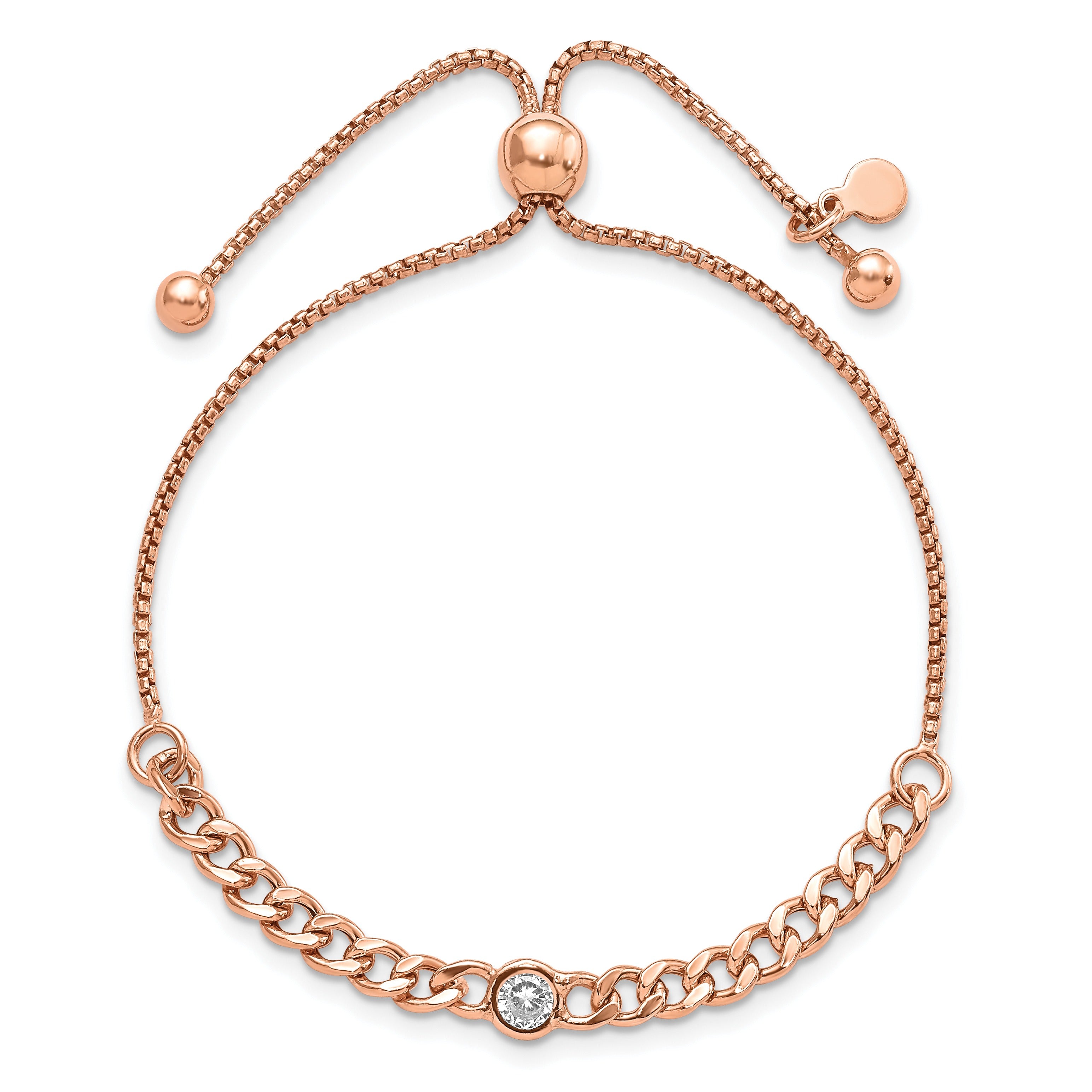 CZ Sterling Silver Rose-tone Link Chain Bolo Bracelet