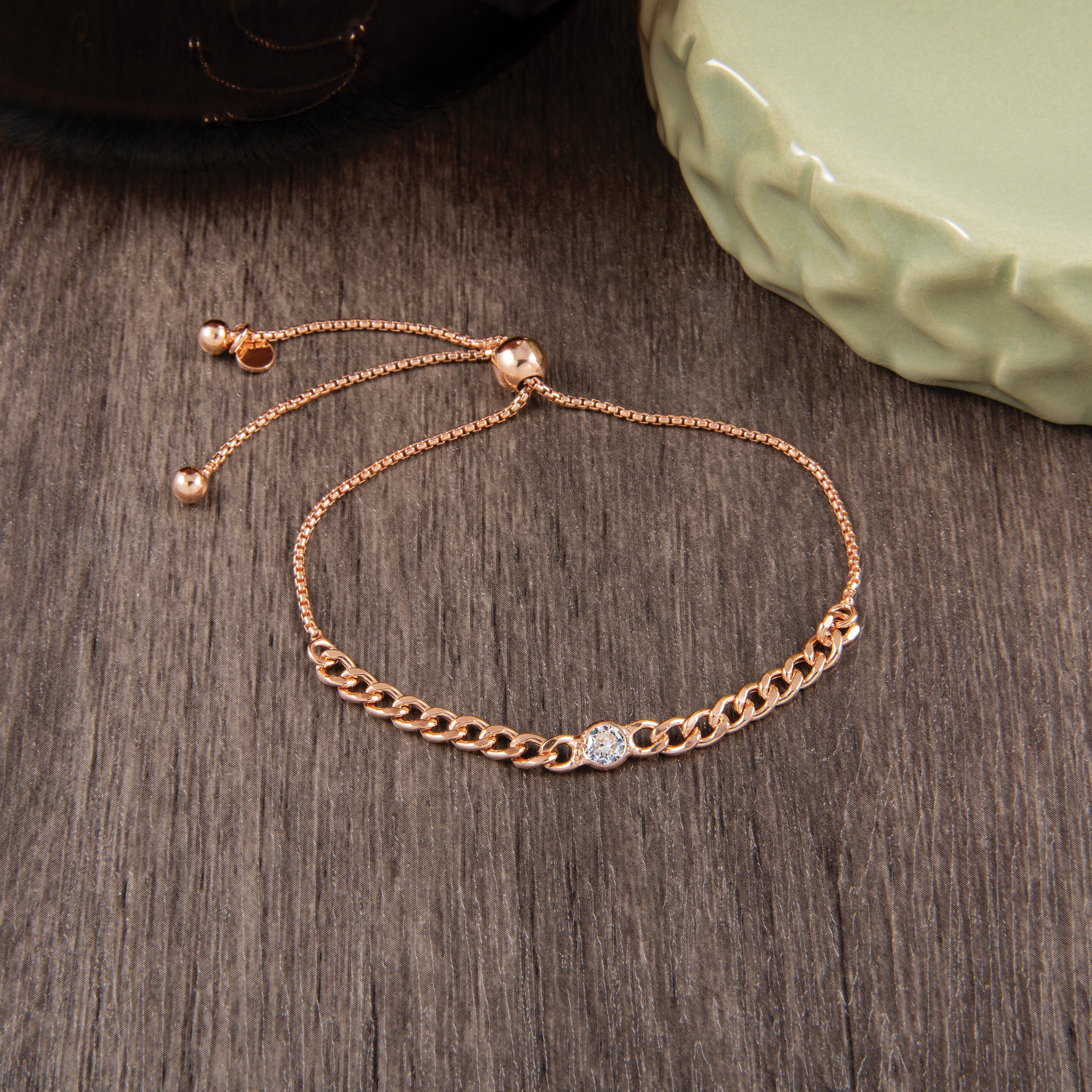 CZ Sterling Silver Rose-tone Link Chain Bolo Bracelet