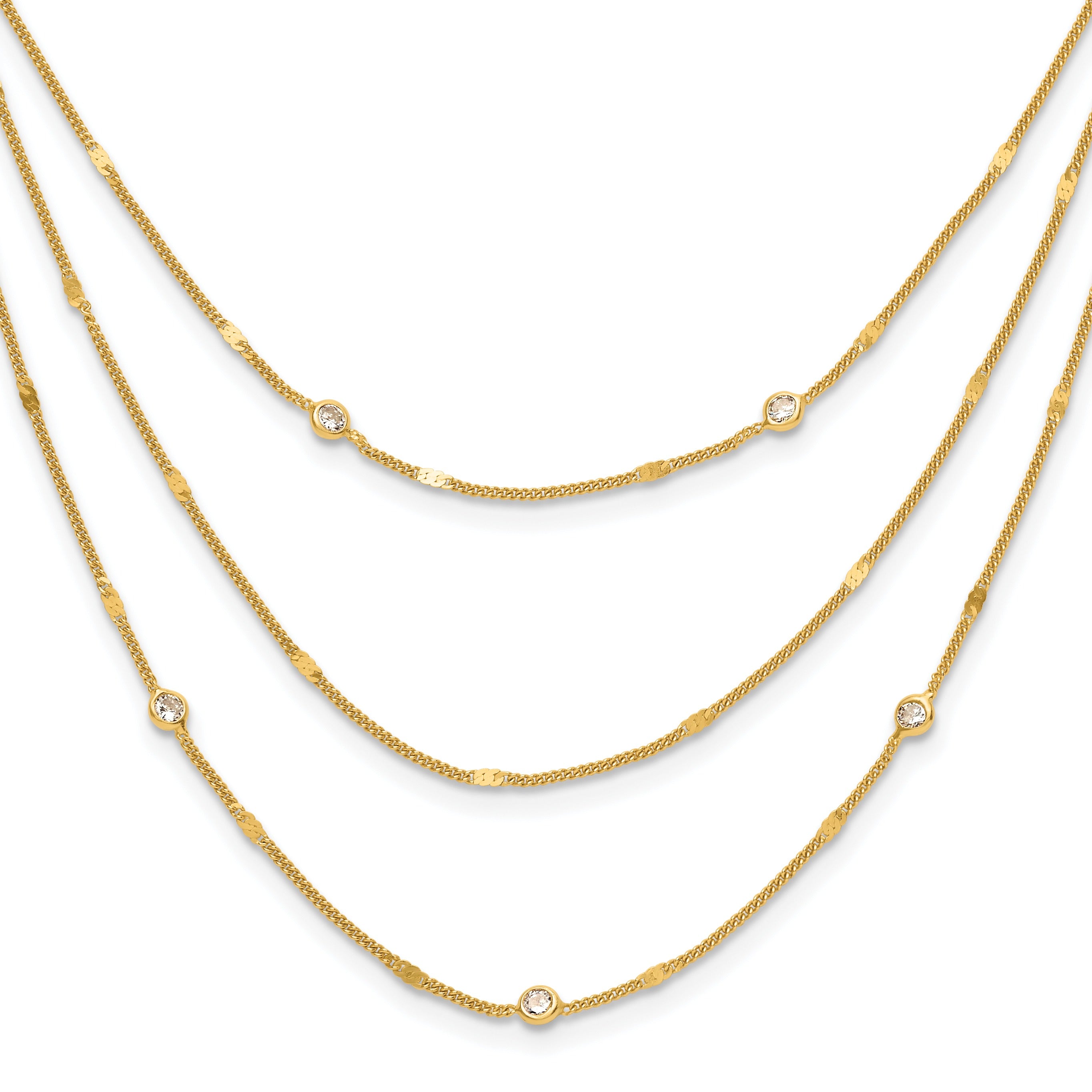 Round White Cubic Zirconia Sterling Silver Gold-Tone Layered Cable Chain Necklace