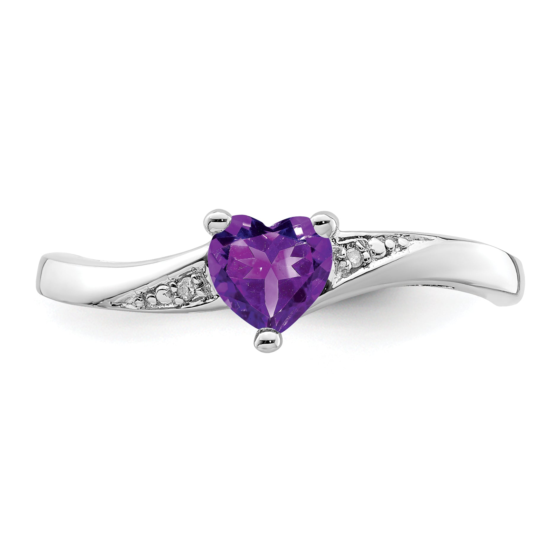Heart-shaped amethyst gemstone ring with diamond accents in silver setting, Fine Color Jewels USA
