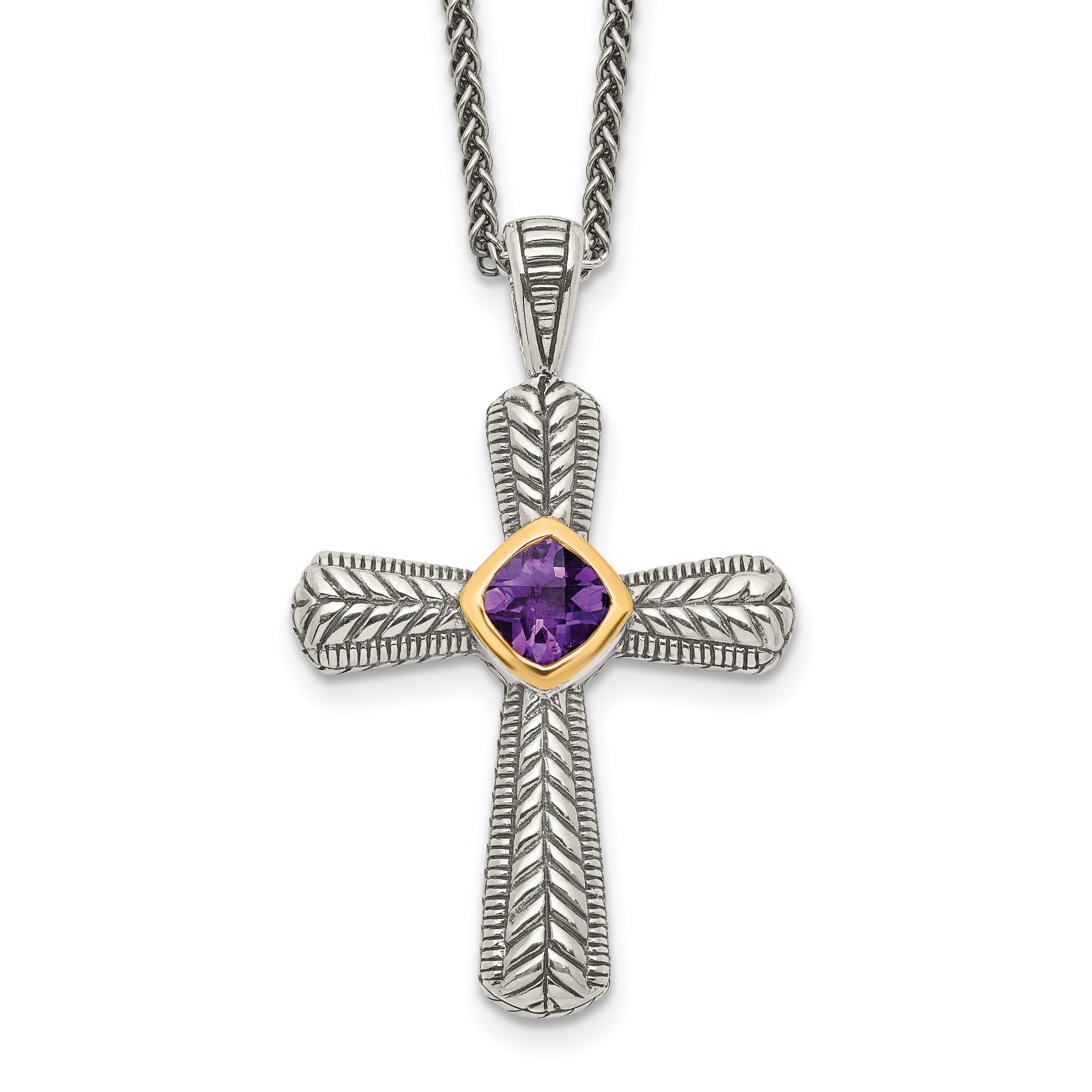 Purple Natural Amethyst Silver Cross Necklace