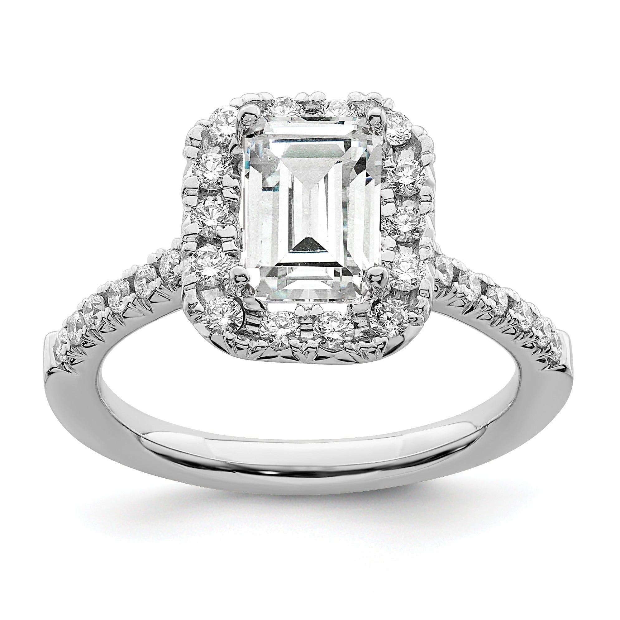 Emerald-Cut White Lab-Grown Diamond Prong 14K White Gold Halo Engagement Ring