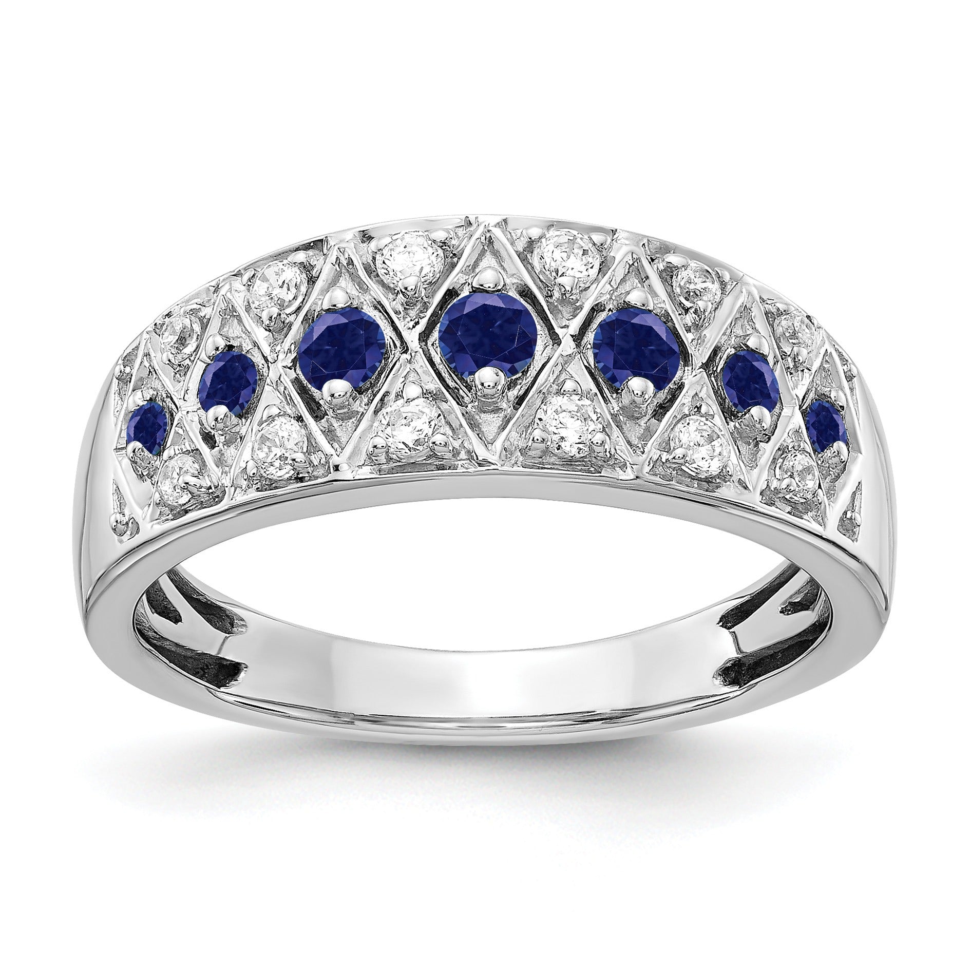 0.19 Ct Round Blue Sapphire And Diamond Prong 14K White Gold Eternity Band Ring