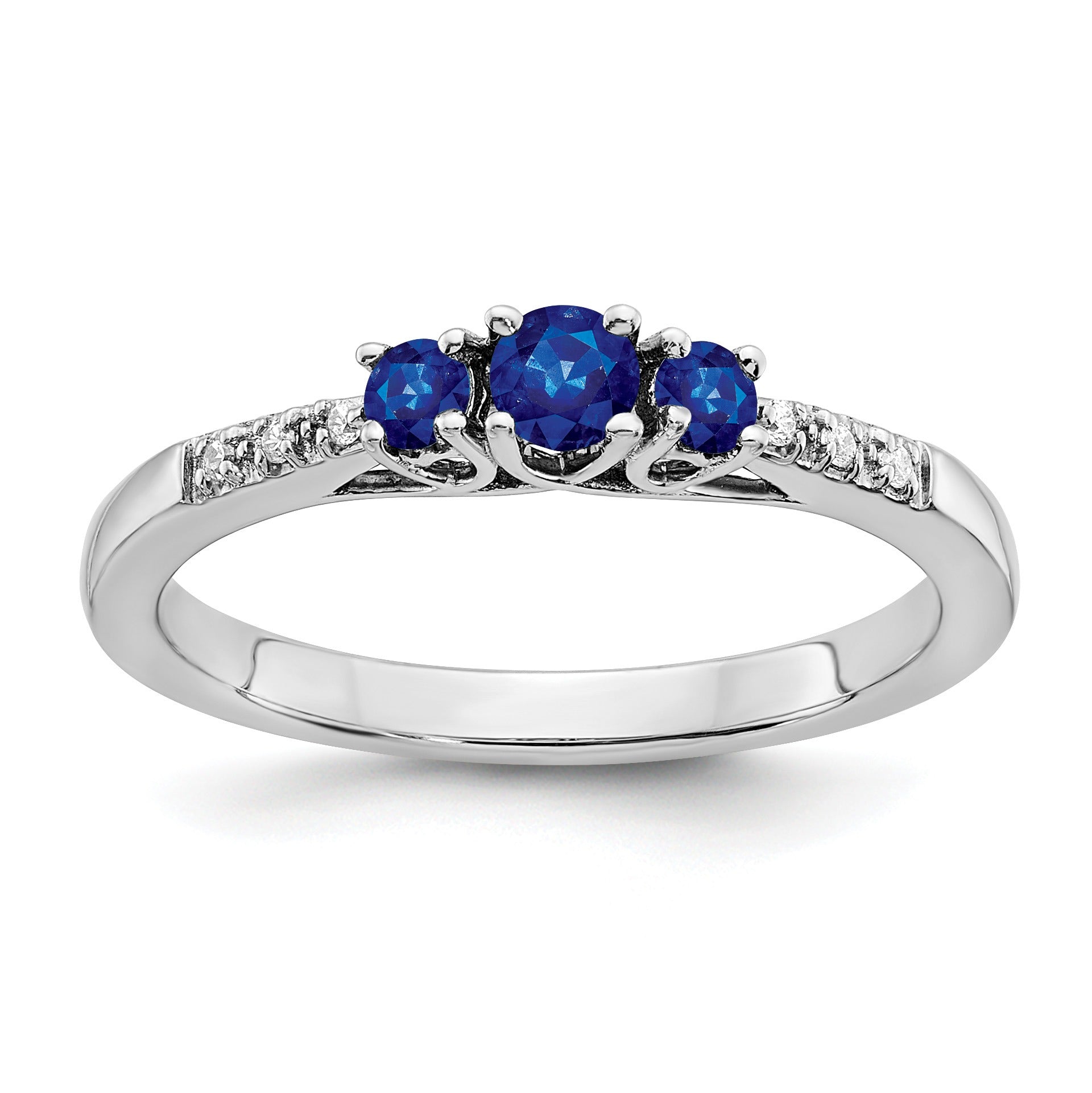 0.37 Ct Round Blue Sapphire and Diamond Prong 14k White Gold Three stone Ring