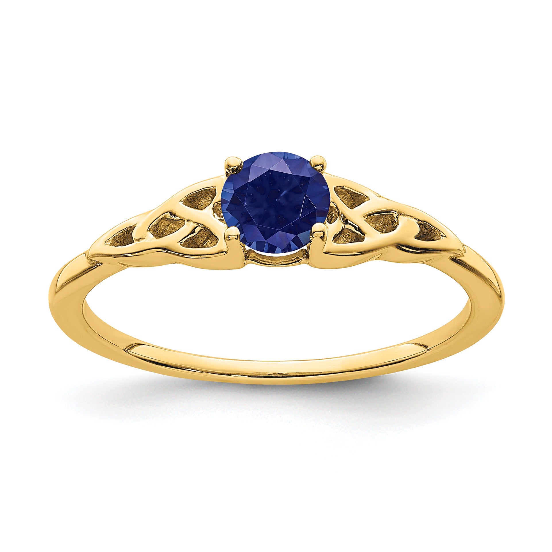 0.33 Ct Round Blue Created Sapphire Prong Yellow Gold Knot Solitaire Ring