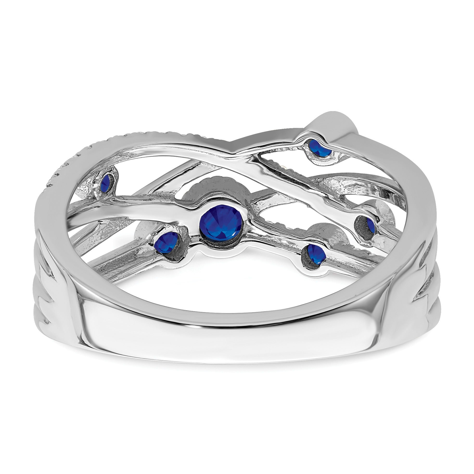 0.27 Ct Round Blue Sapphire Diamond White Gold Bezel Set Criss Cross Band Ring