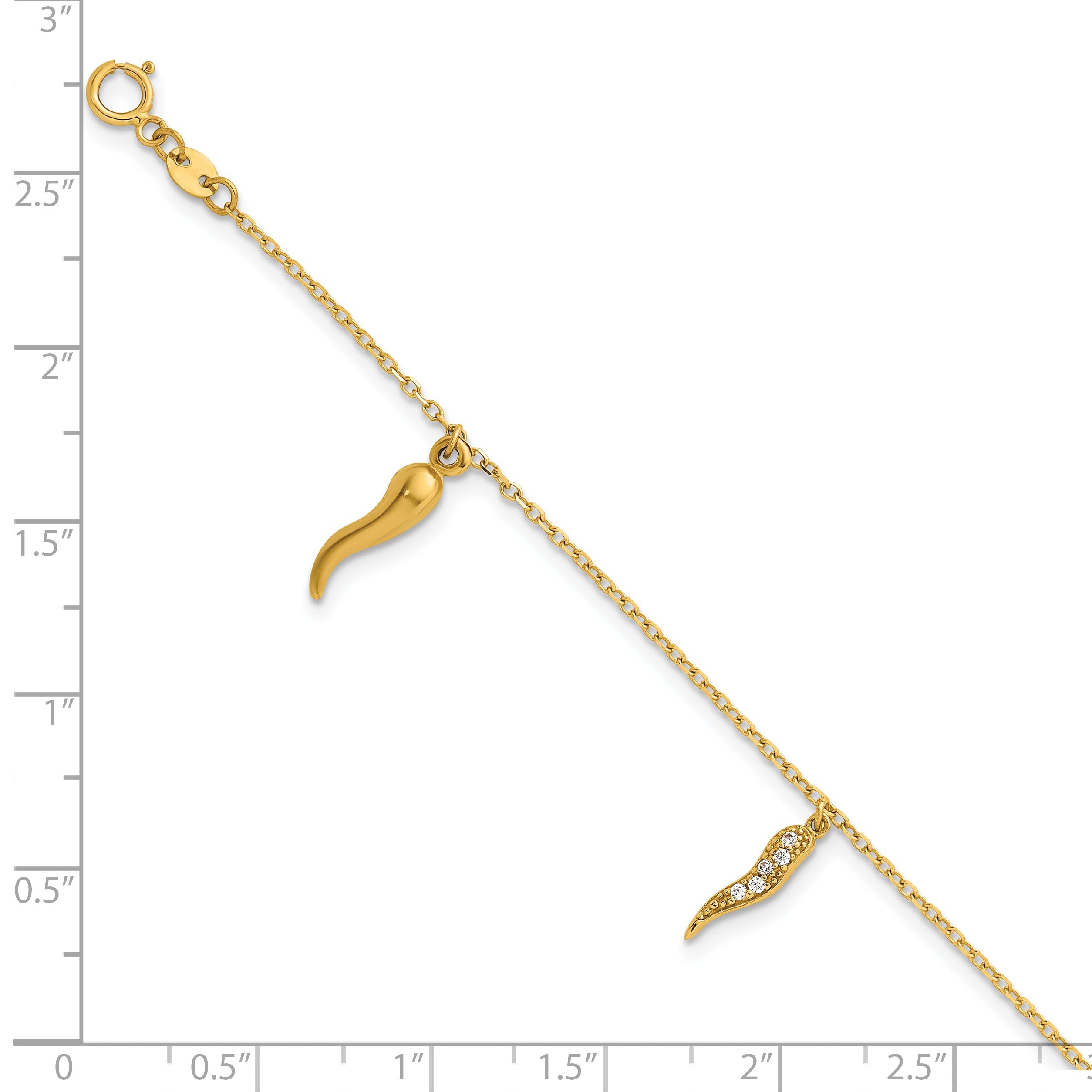 14k Yellow Gold CZ Three Italian Horn Dangles Bracelet