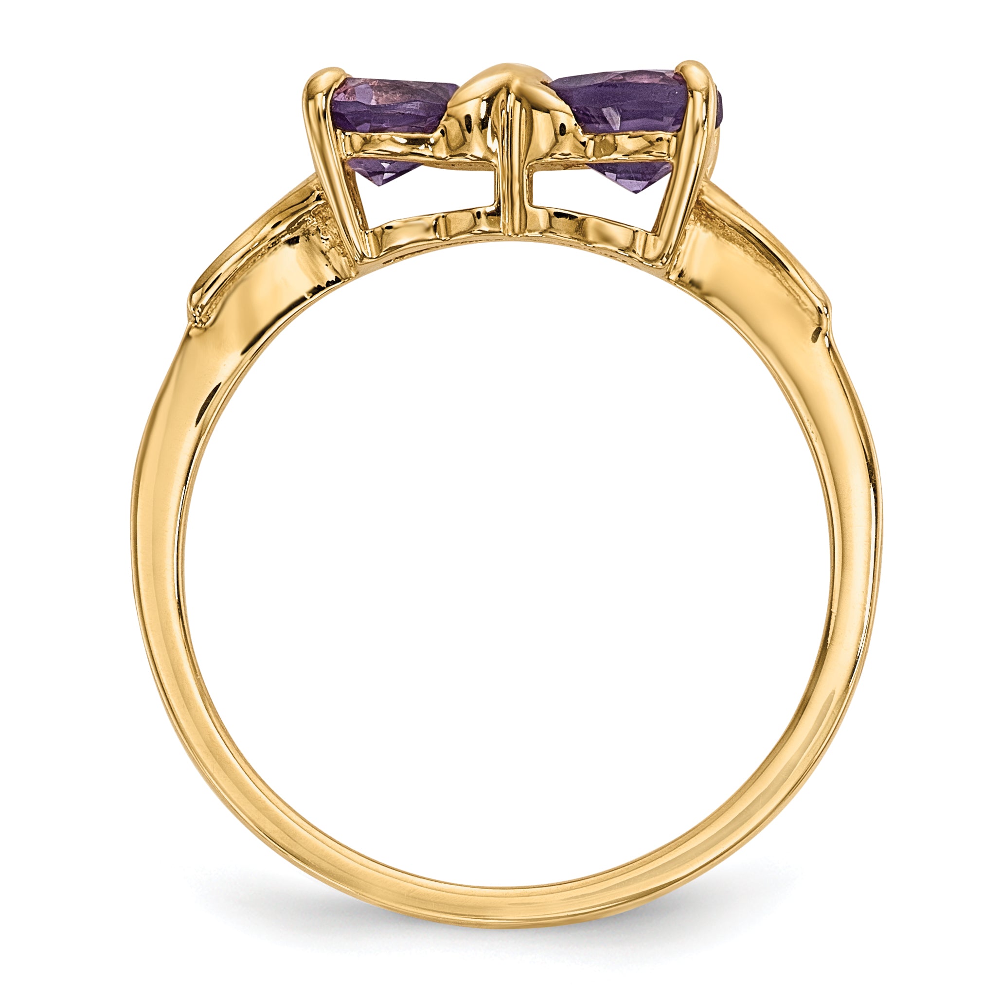 14k Yellow Gold Bow Dual Heart Birthstone Ring