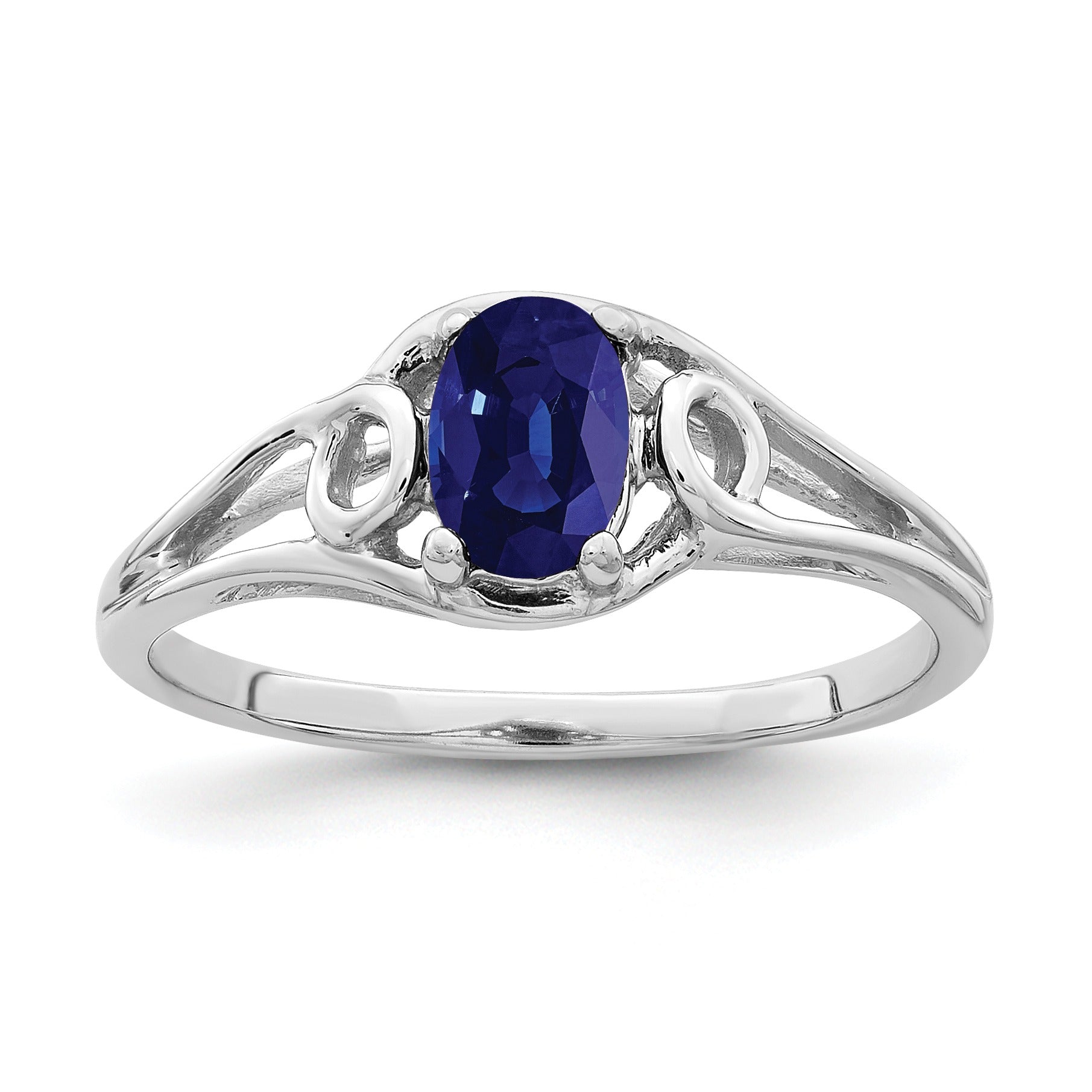 0.65 Ct Oval Blue Sapphire Prong 14K White Gold Solitaire Swirl Band Ring