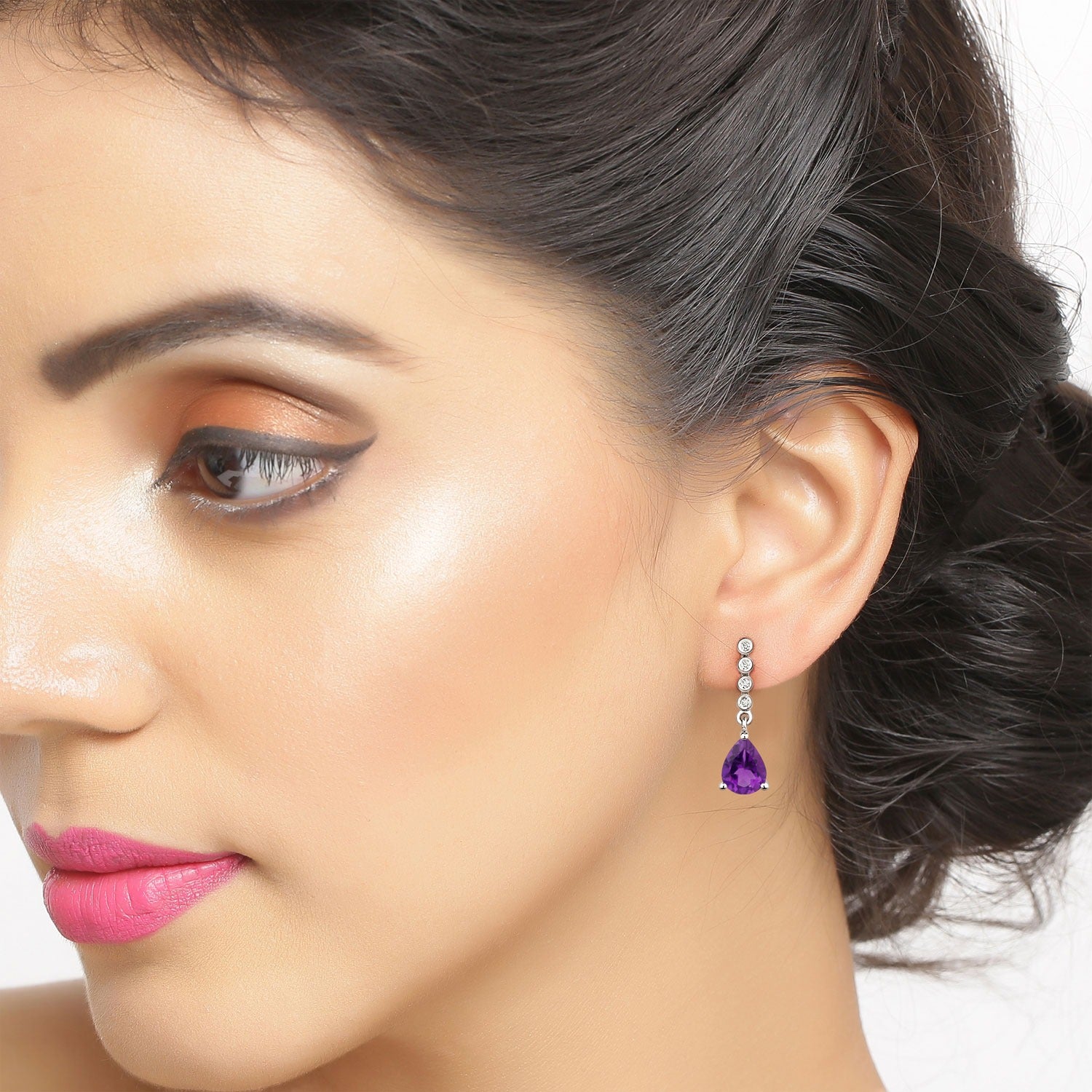 Genuine Purple Amethyst and Lab Diamond Earrings Silver