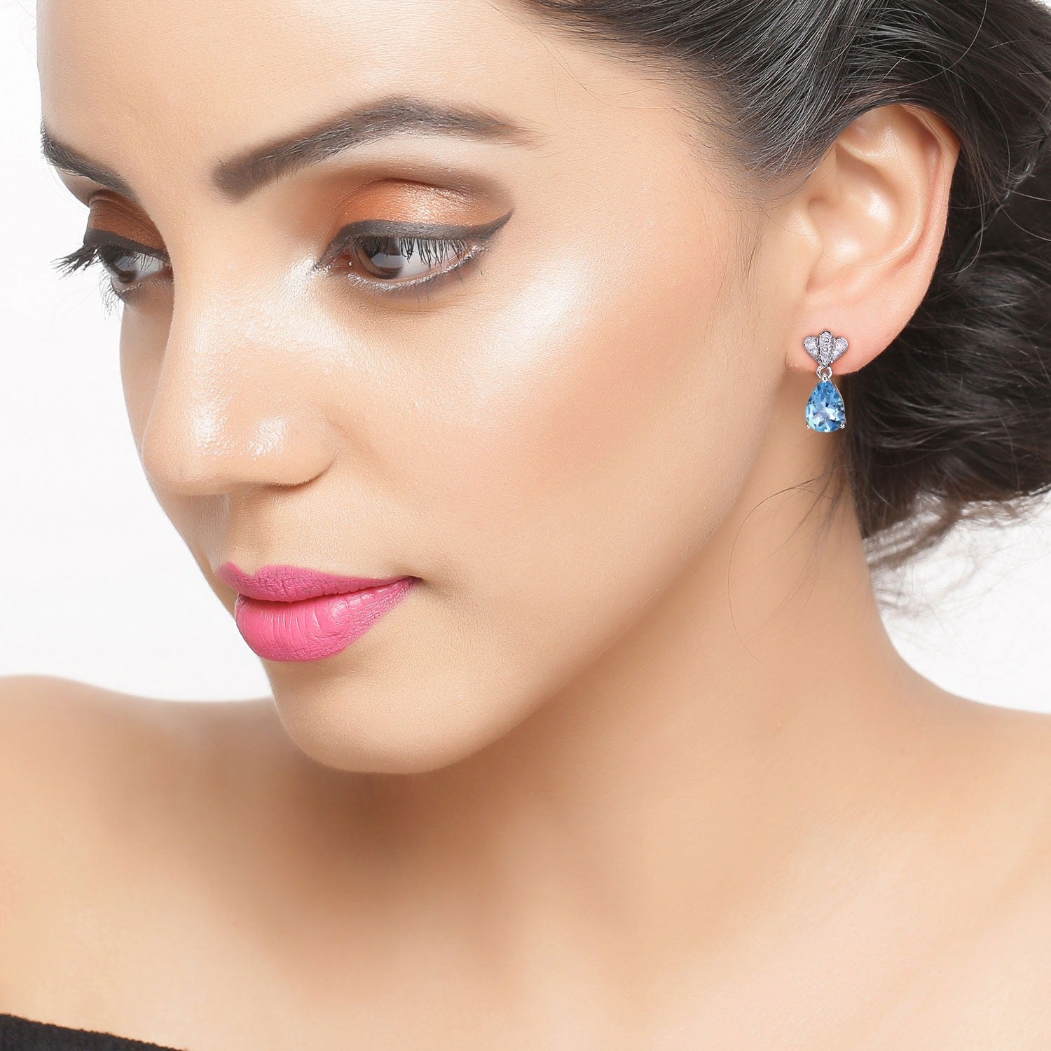 Genuine Swiss Blue Topaz and Lab Diamond Earrings Silver