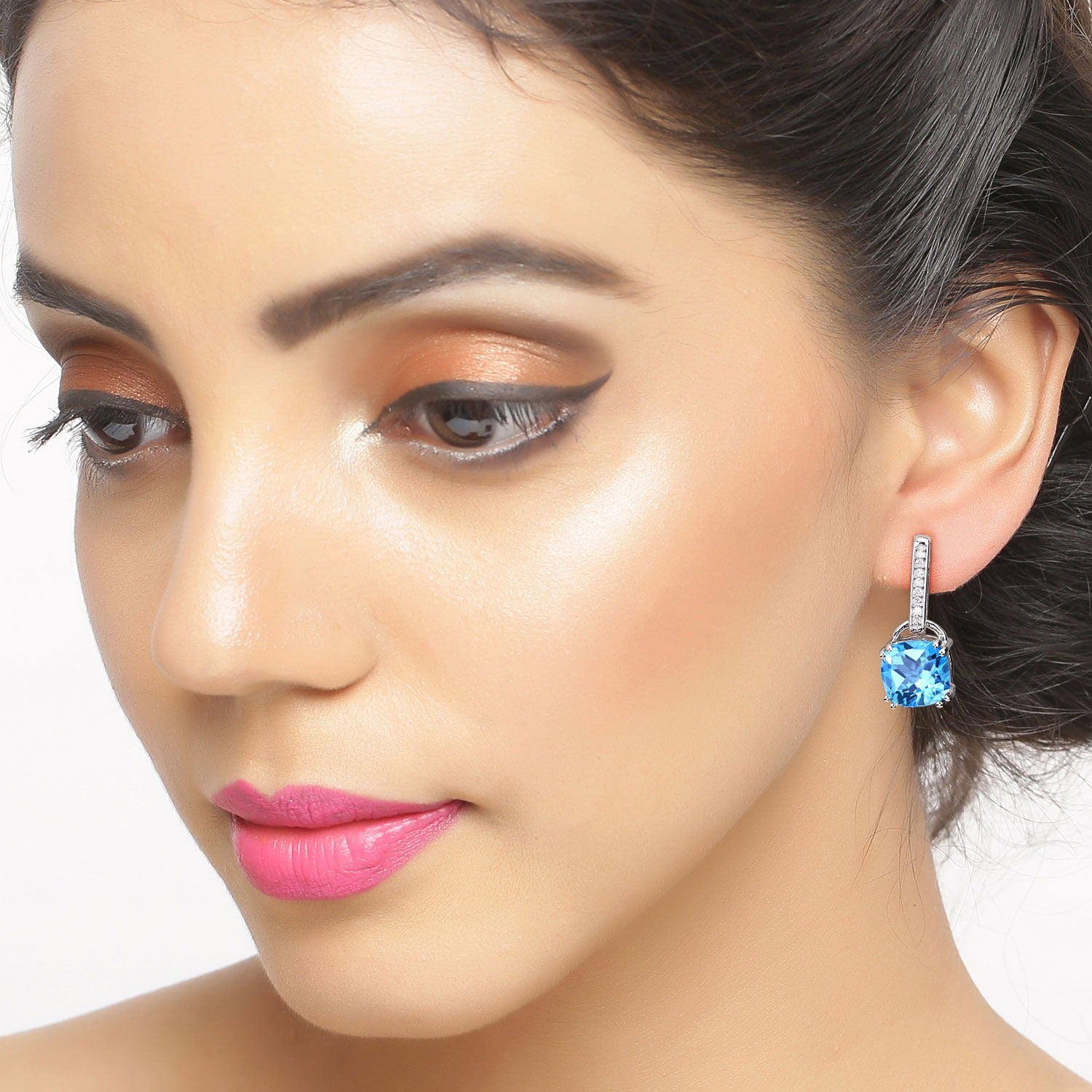 Genuine Swiss Blue Topaz and Lab Diamond Silver Earrings