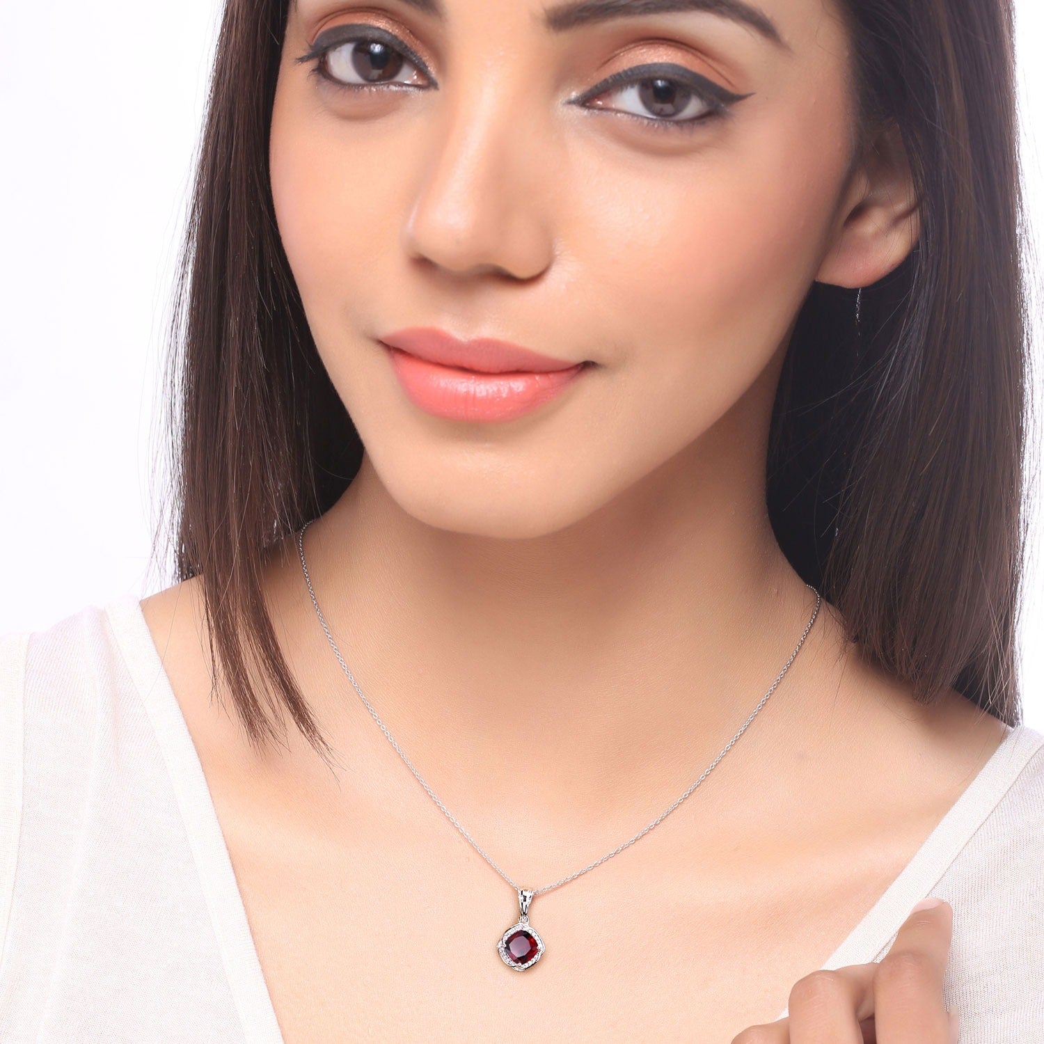 2.45 Ct. Genuine Red Garnet and Lab Diamond Silver Cushion Cut Halo Necklace Fine Color Jewels
