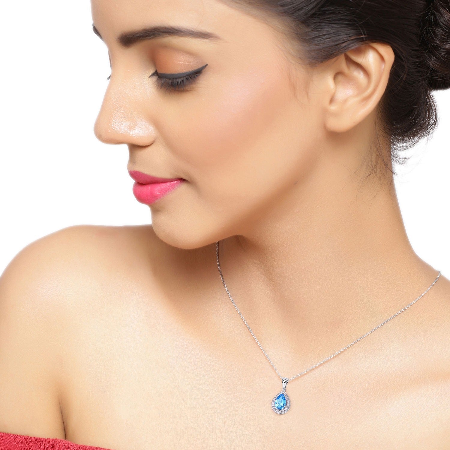 Genuine Swiss Blue Topaz and Lab Grown Diamond 925 Silver Necklace Fine Color Jewels