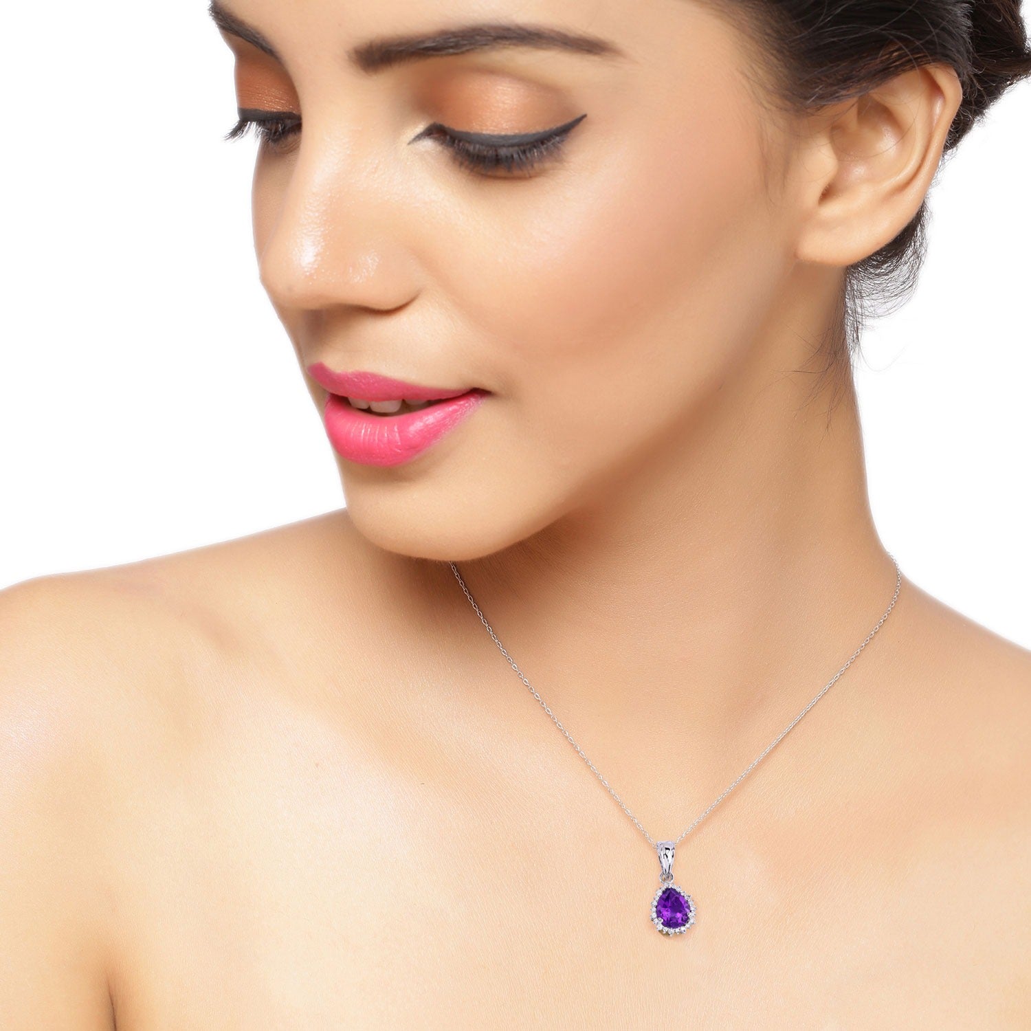 2.35 Ct Genuine Amethyst and Lab Grown Diamond Silver Halo Necklace Fine Color Jewels