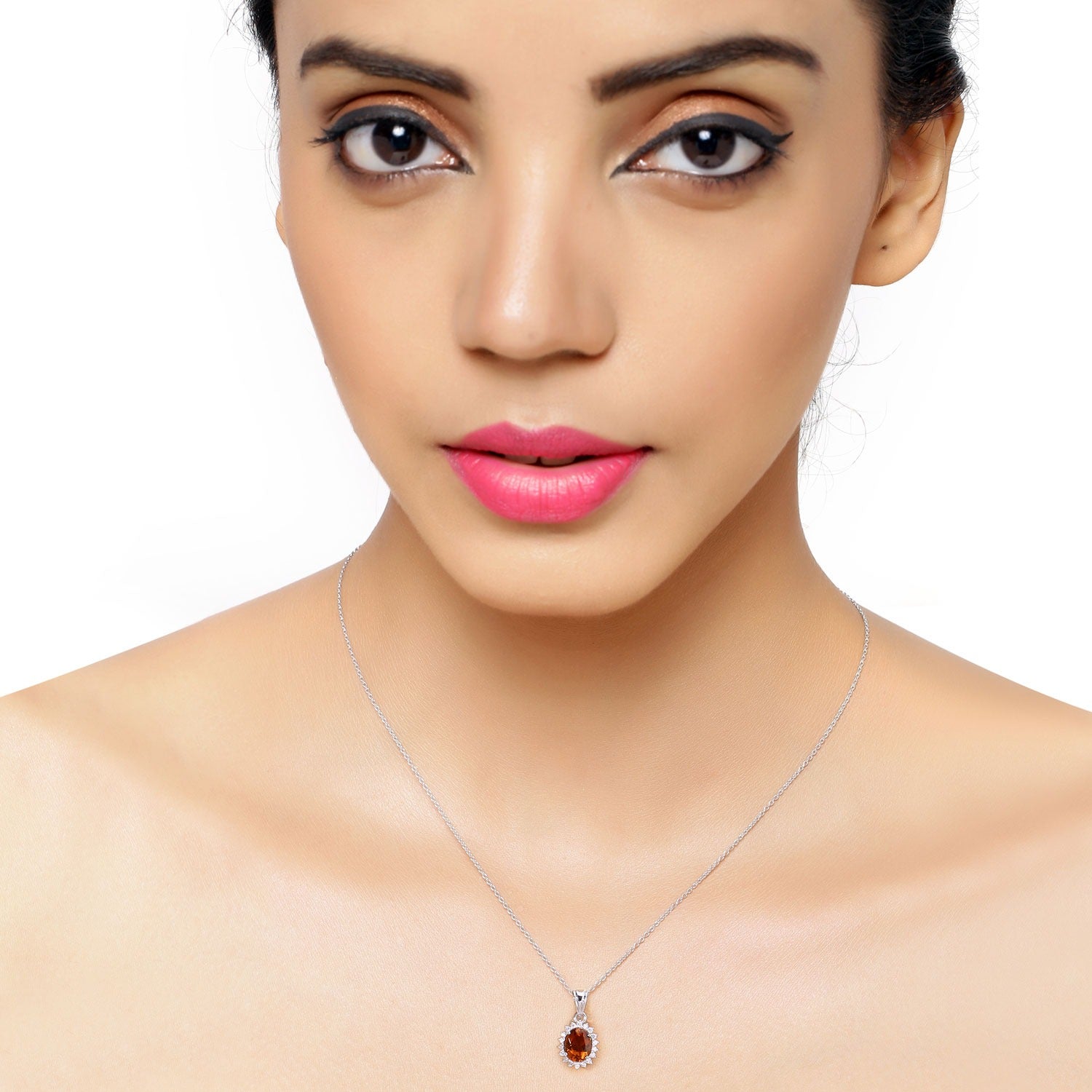 1.97 Ct Genuine Madeira Citrine and Lab Grown Diamond Silver Halo Necklace Fine Color Jewels