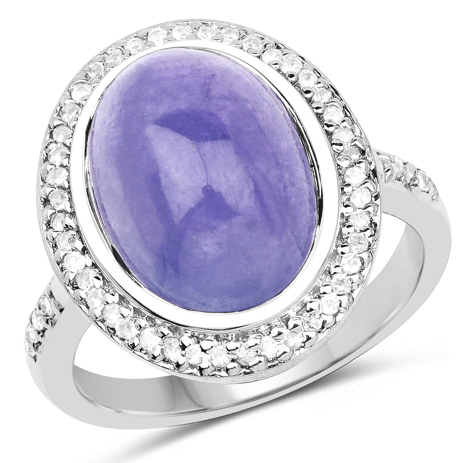 8.26 Ct Oval Violet Tanzanite & White Topaz Prong Silver Halo Pave Bold Ring