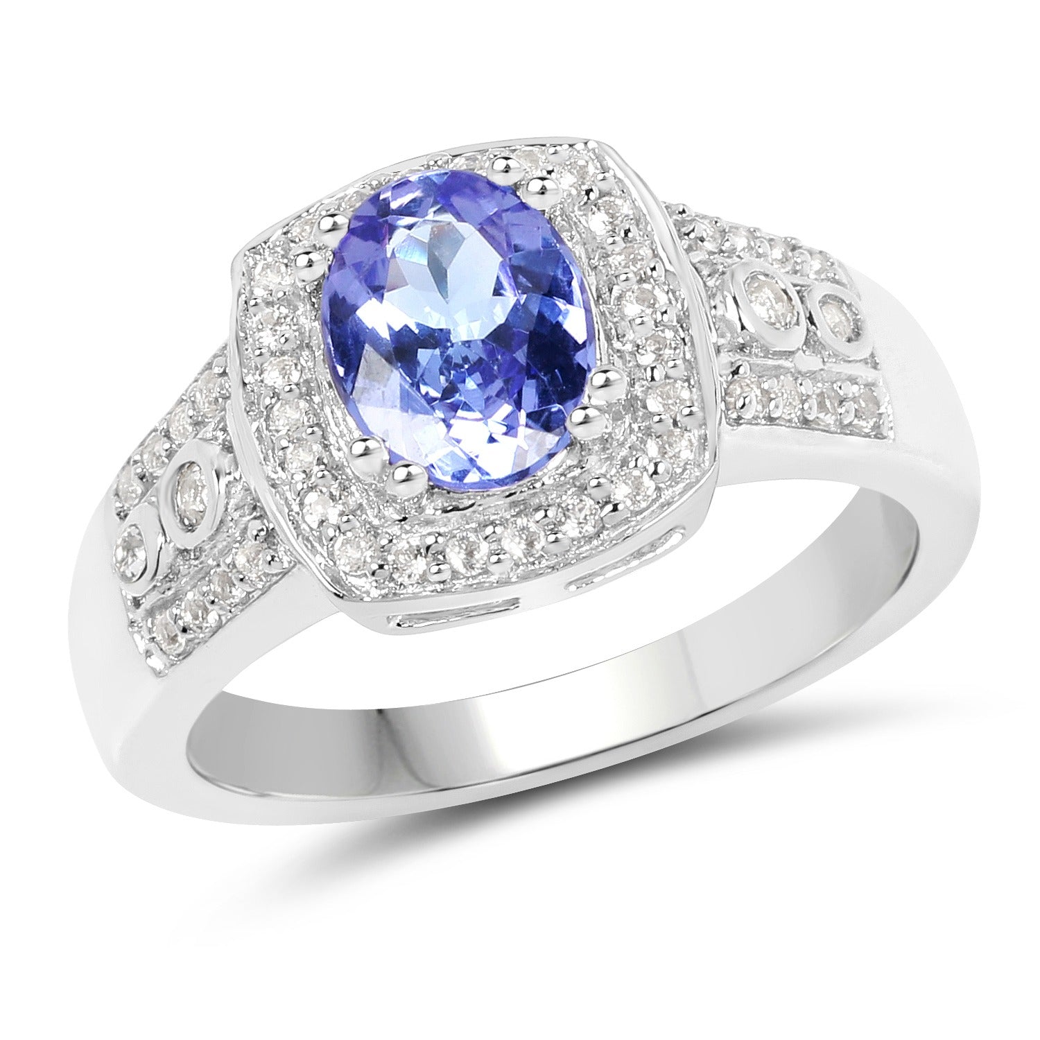 1.42 Ct Oval Violet Tanzanite & White Topaz Prong Silver Pave Halo Statement Ring