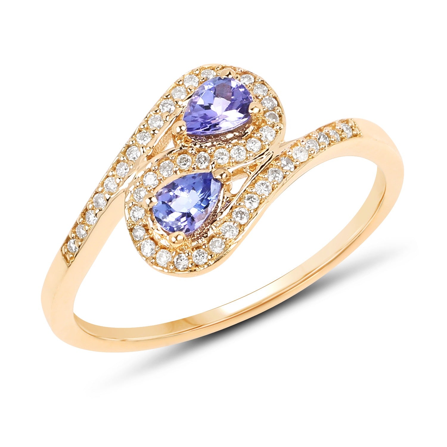 0.42 Ct Pear Tanzanite and White Diamond 14K Yellow Gold Bypass Halo Pave Ring