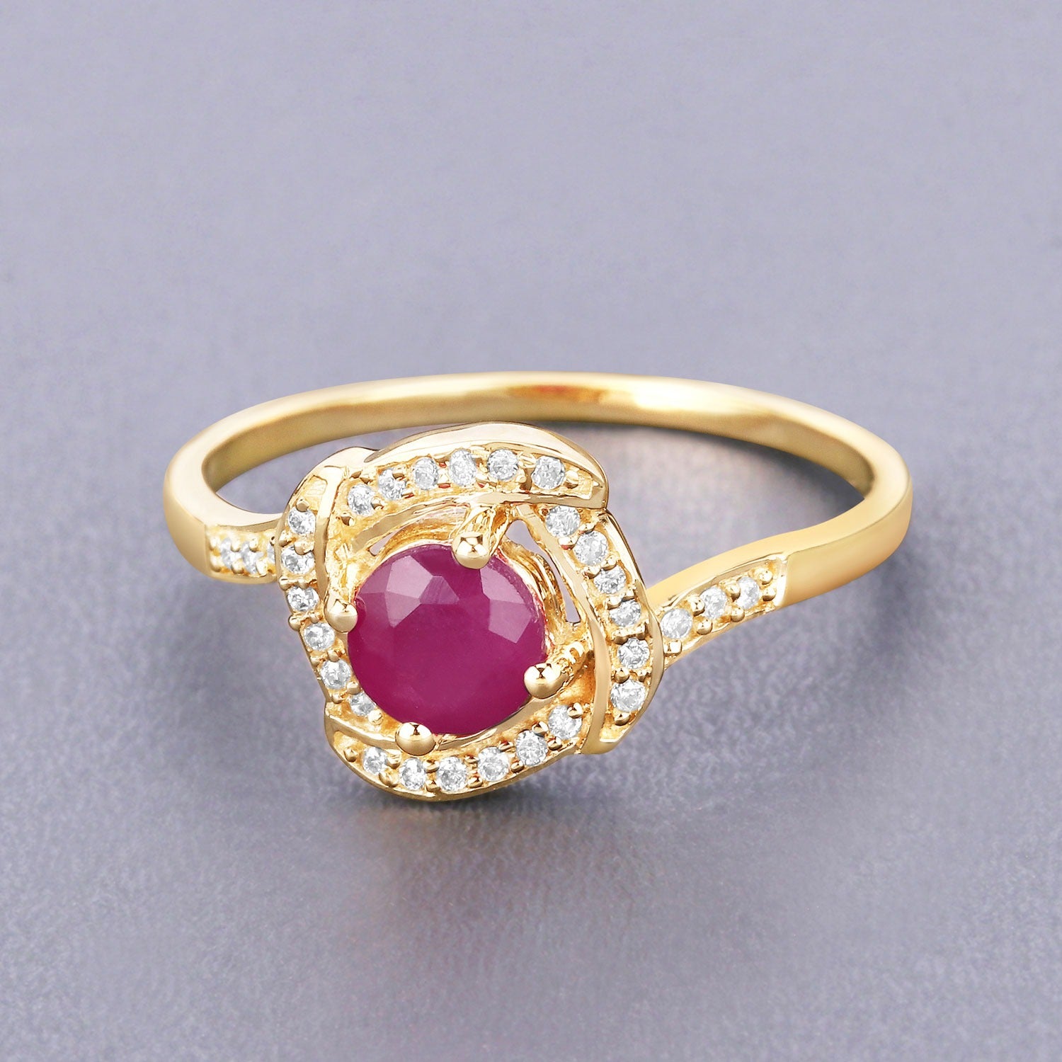 0.63 Ct Round Cut Pink Ruby and White Diamond 14K Yellow Gold Halo Bypass Ring