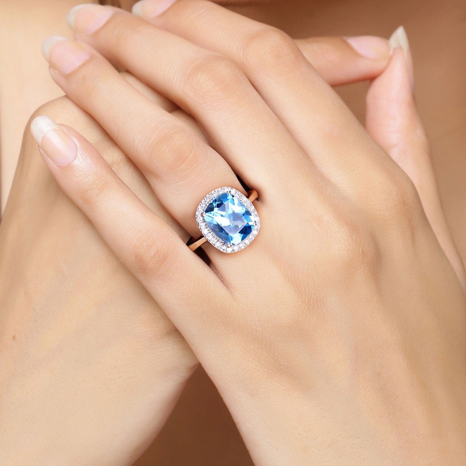 4.31 Ct Genuine Swiss Blue Topaz and Lab Diamond Silver Halo Ring Fine Color Jewels