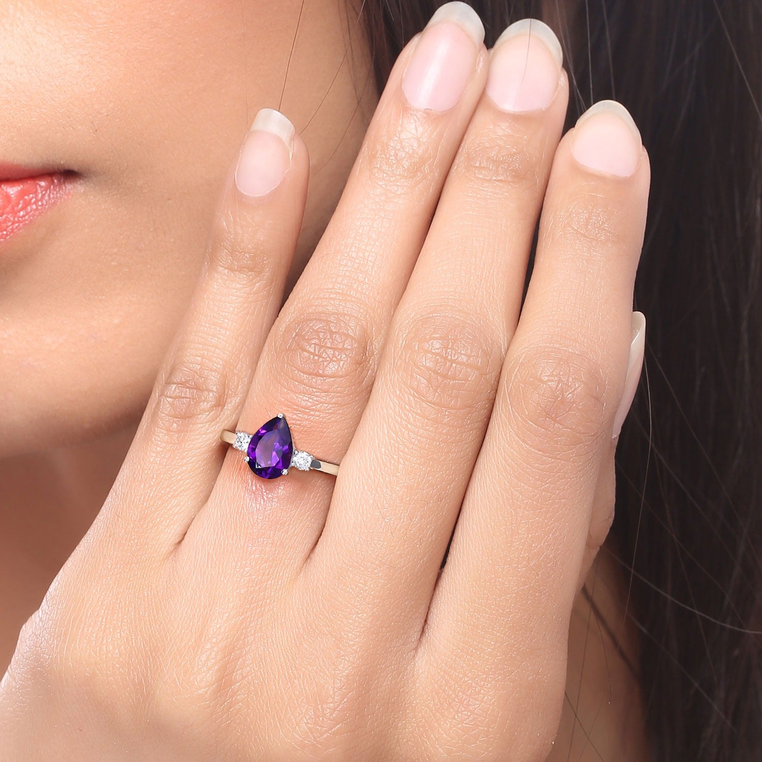 1.27 Carat Genuine Pear Shaped Purple Amethyst and Lab Diamond Silver 3 Stone Ring Fine Color Jewels