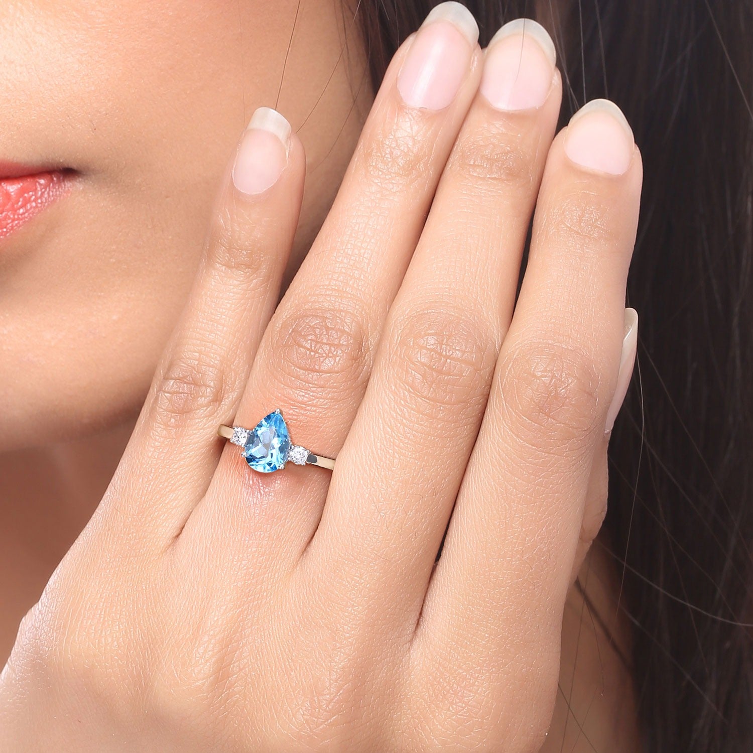 1.42 Ct Genuine Pear Shaped Swiss Blue Topaz and Lab Diamond Silver 3 Stone Ring Fine Color Jewels