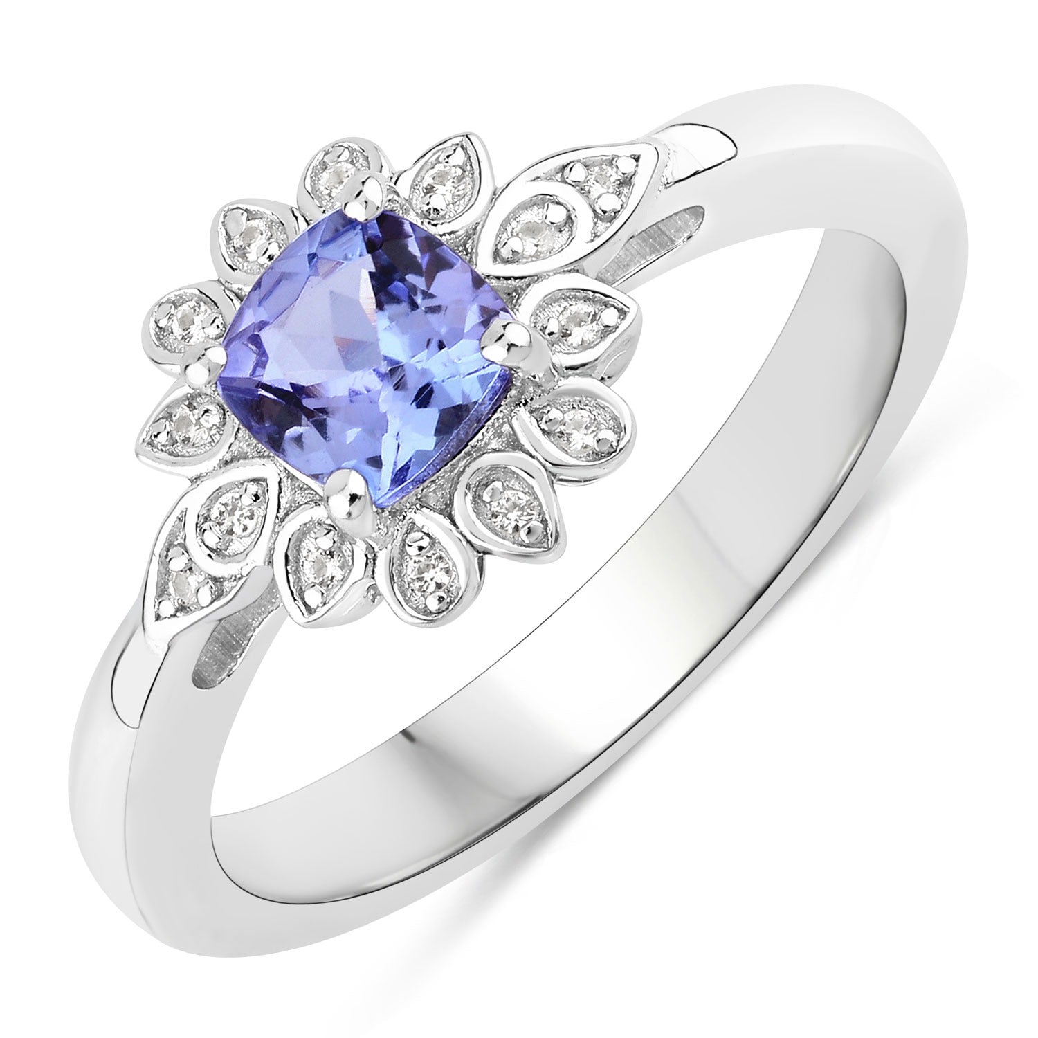 0.59 Ct Cushion Violet Tanzanite and Created White Sapphire Prong Silver Flower Ring