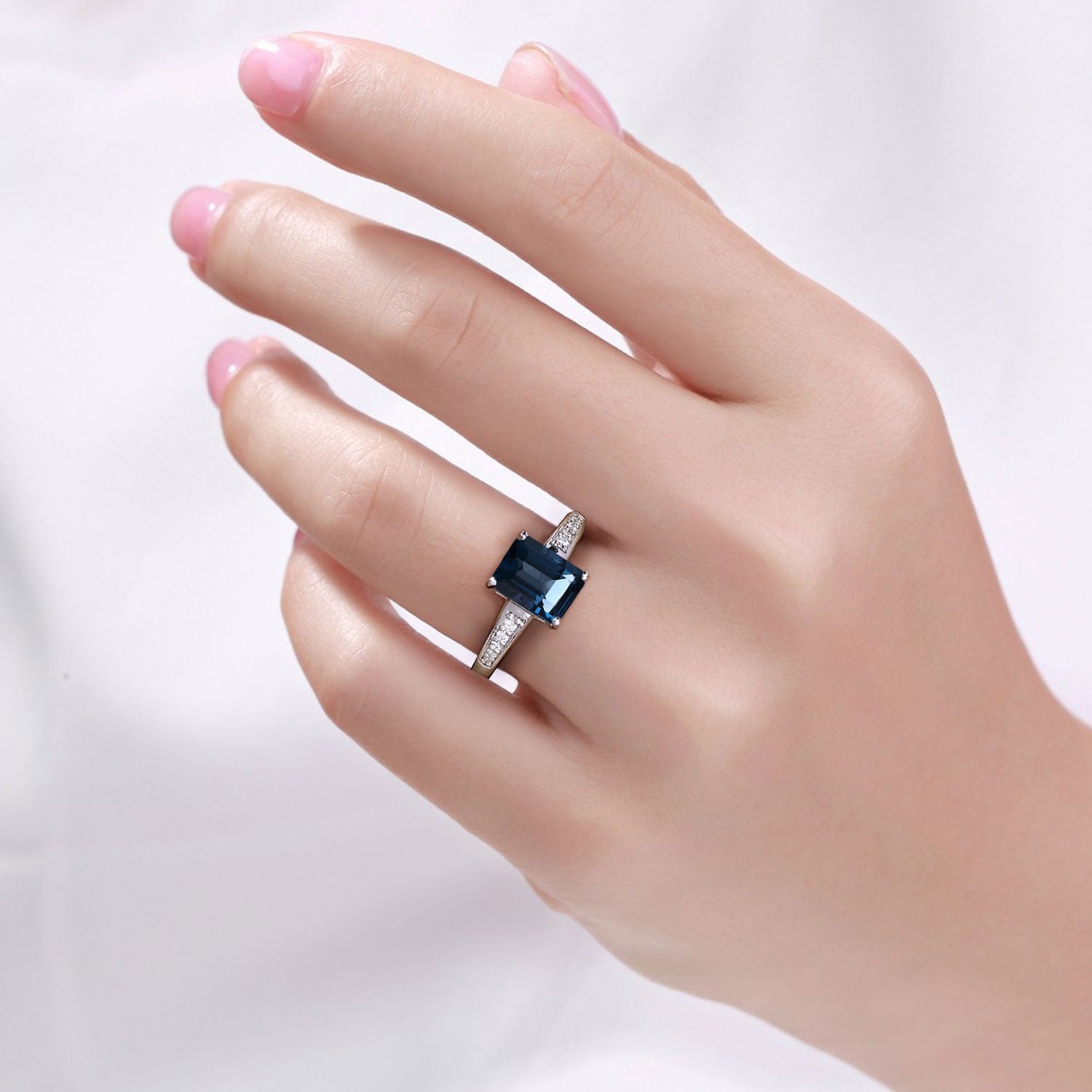 1.22 Ct Genuine London Blue Topaz and Lab Diamond Silver Octagon Cocktail Ring Fine Color Jewels