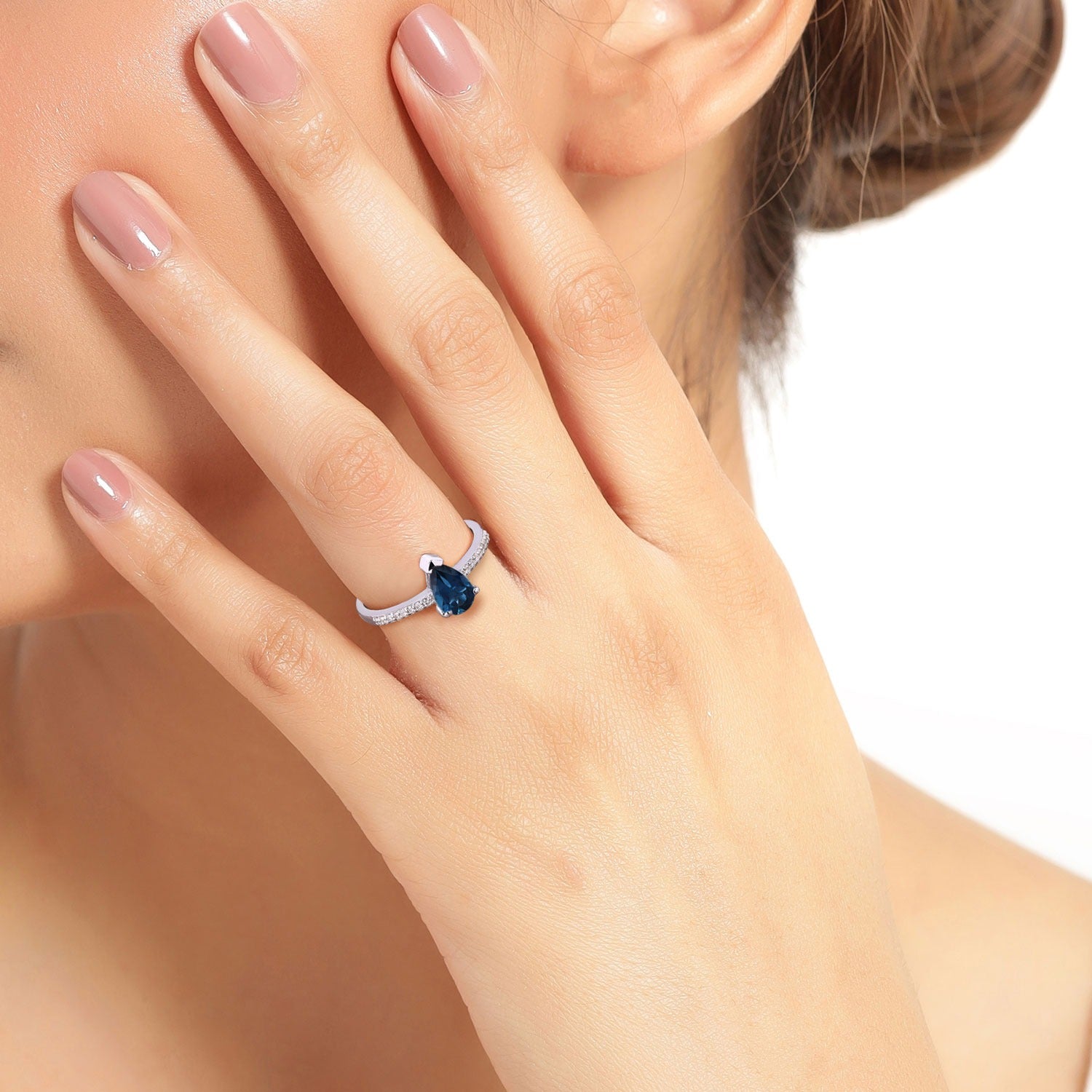 1.10 Ct Genuine London Blue Topaz Lab Diamond Sterling Silver Teardrop Ring