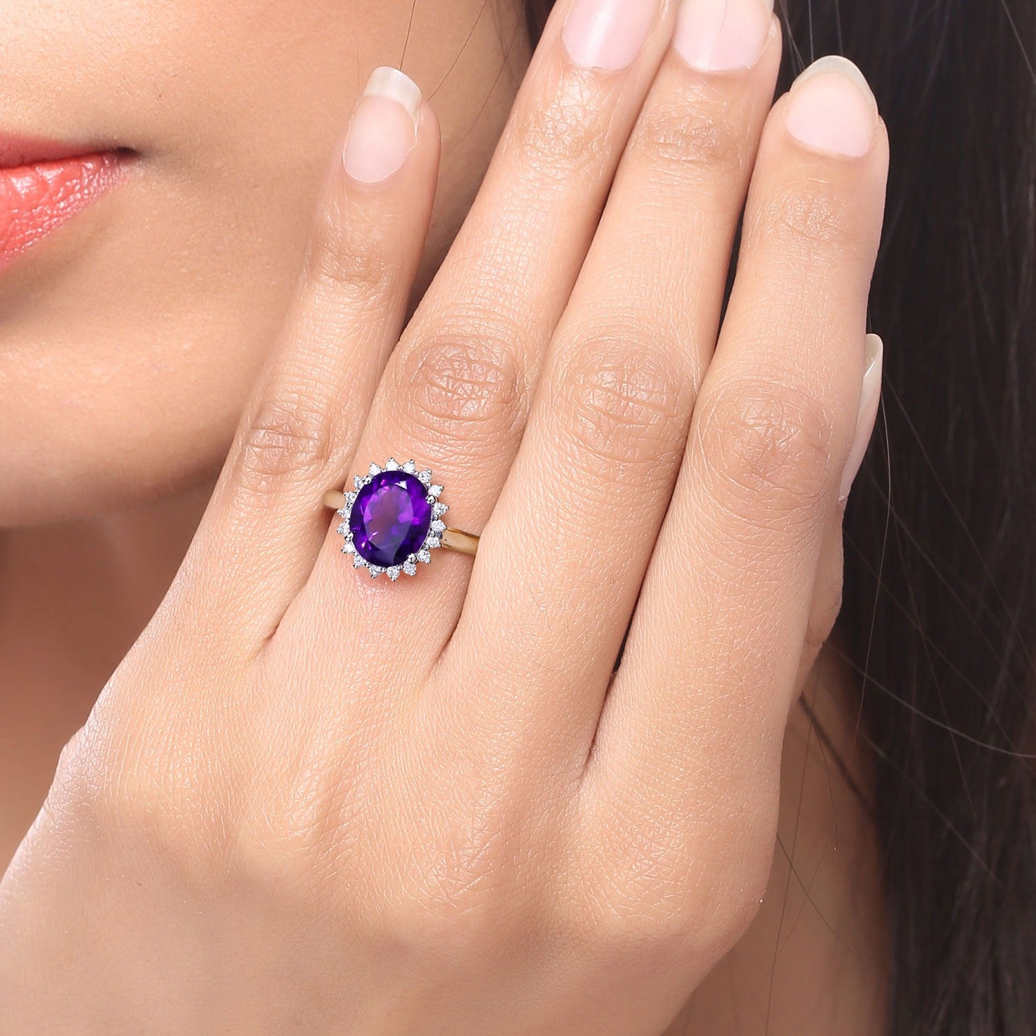 3.47 Ct Genuine Amethyst and Lab Grown Diamond Silver Halo Ring Fine Color Jewels