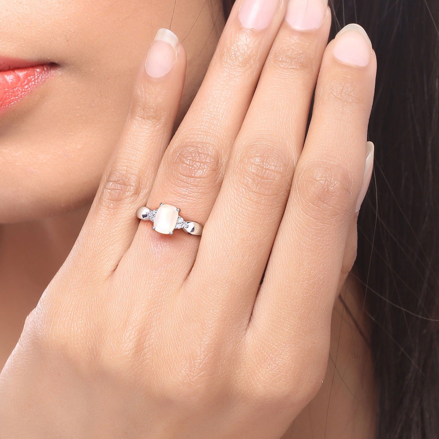 0.94 Ct Genuine Ethiopian Opal and Lab Diamond Silver Cushion Cut Cocktail Ring Fine Color Jewels