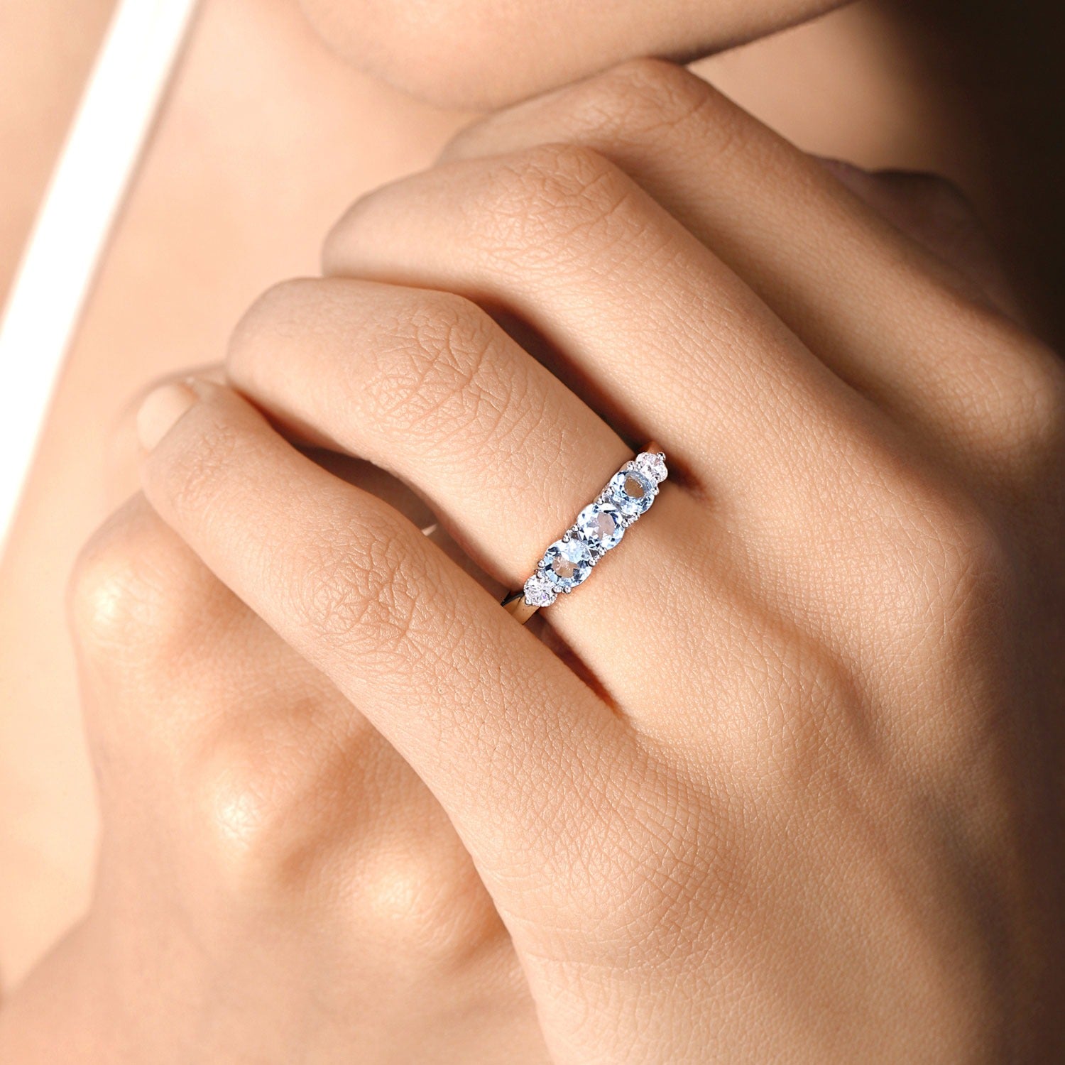 0.88 Ct Genuine Aquamarine and Lab Diamond Silver 5 Stone Ring Fine Color Jewels