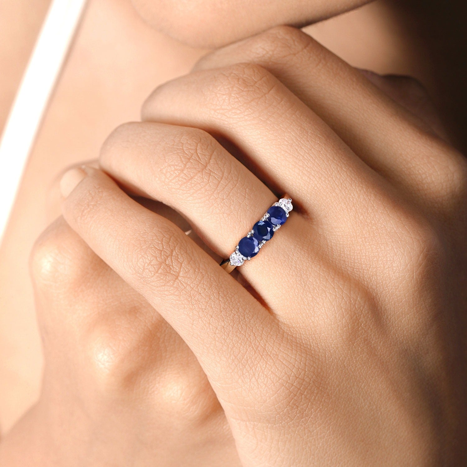 1.12 Ct Genuine Blue Sapphire and Lab Diamond Silver 5 Stone Ring Fine Color Jewels