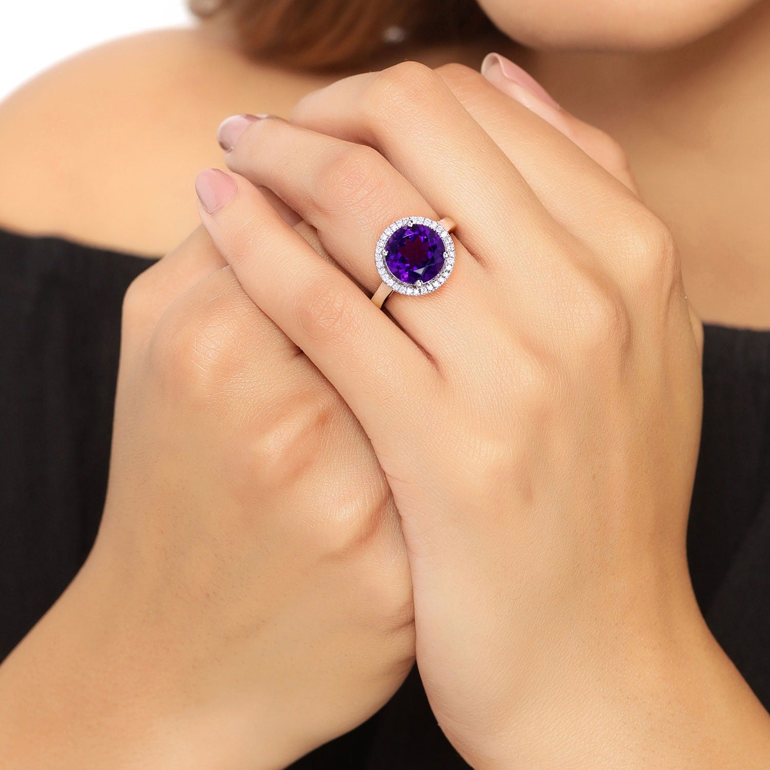3.49 Carat Genuine Round Amethyst and Lab Grown Diamond Silver Halo Ring