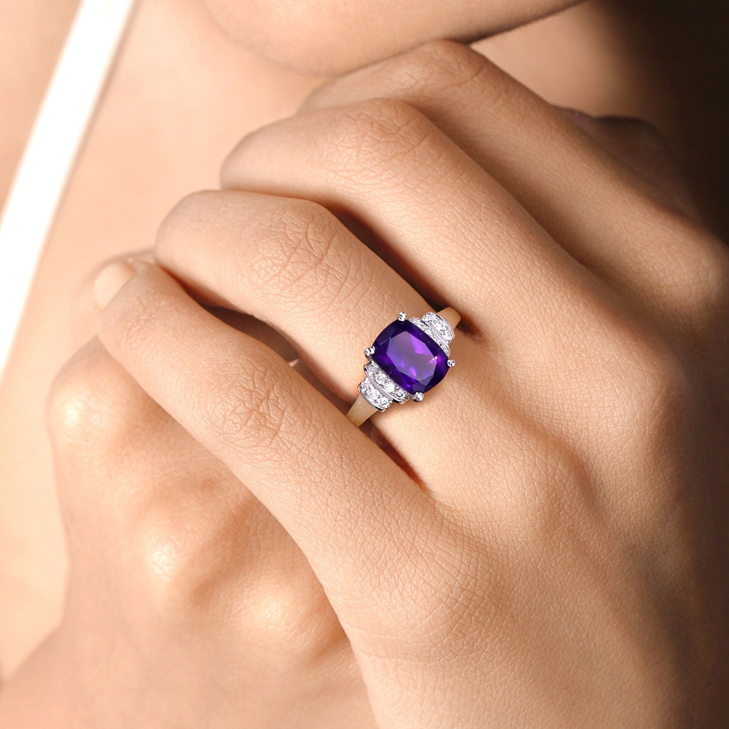 1.63 Ct Genuine Amethyst and Lab Diamond Sterling Silver Cushion Ring