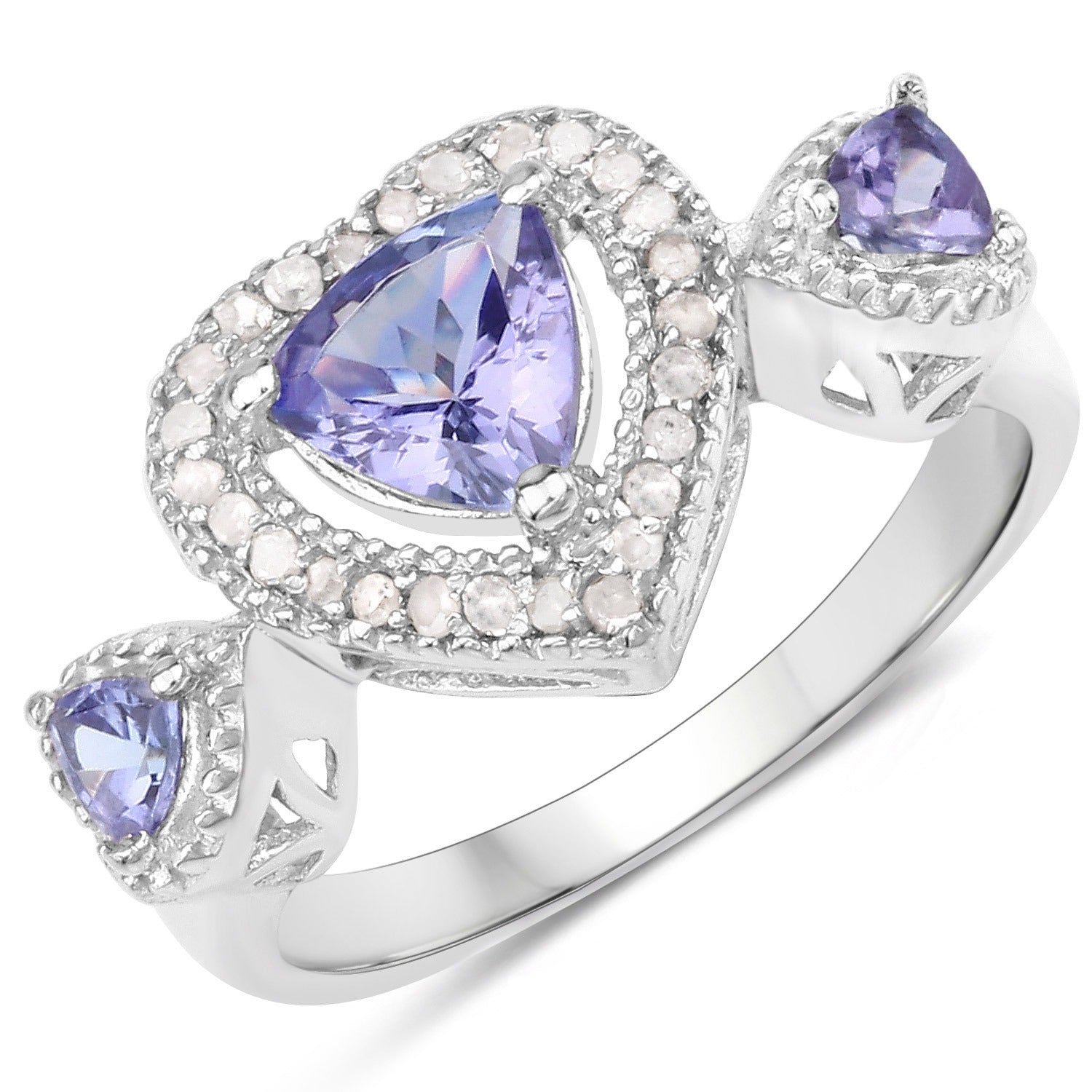 0.95 Ct Heart Violet Tanzanite & Diamond Prong Silver Halo Three Stone Ring