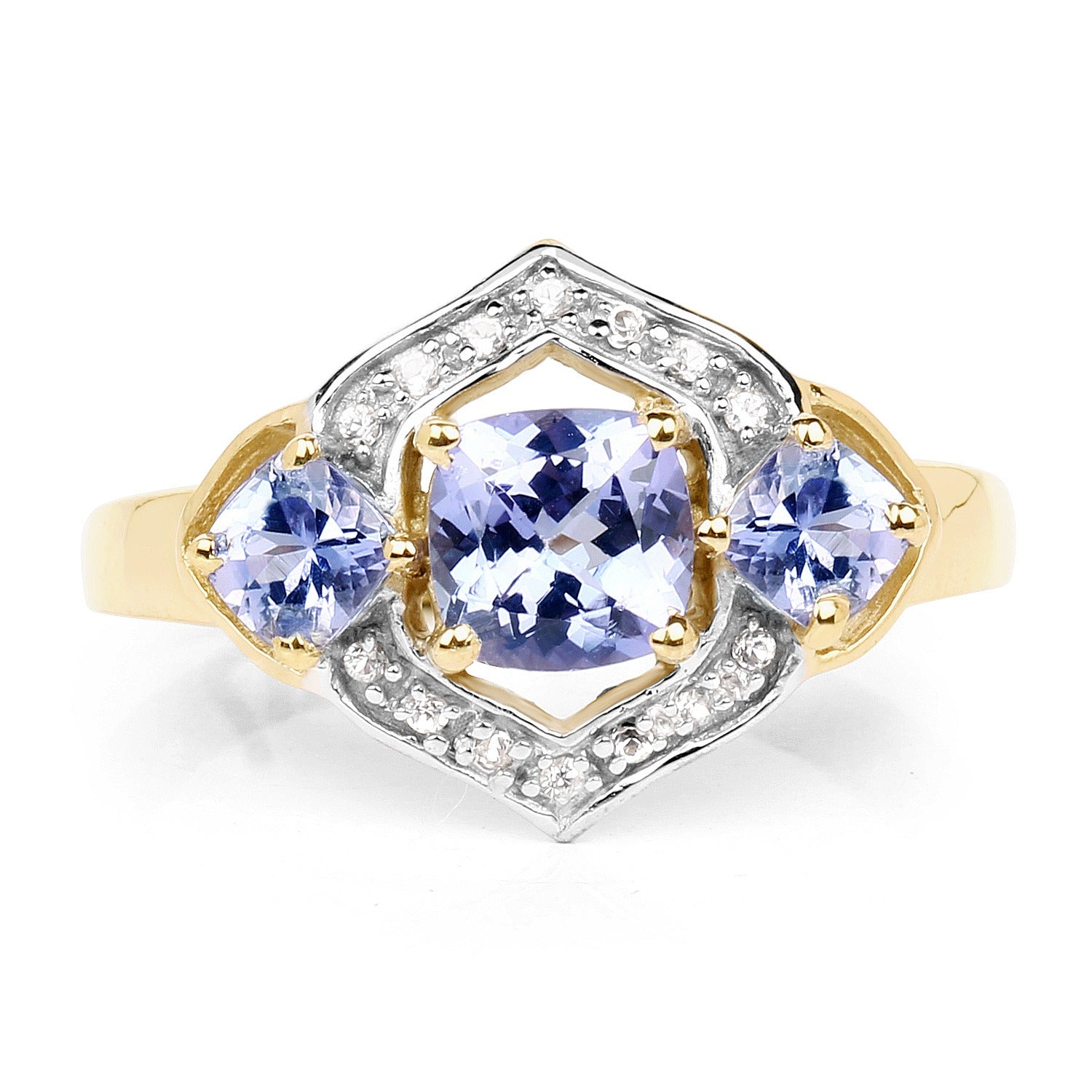 1.58 Ct Cushion Violet Tanzanite Prong Yellow Gold Plated Silver Halo Three Stone Ring