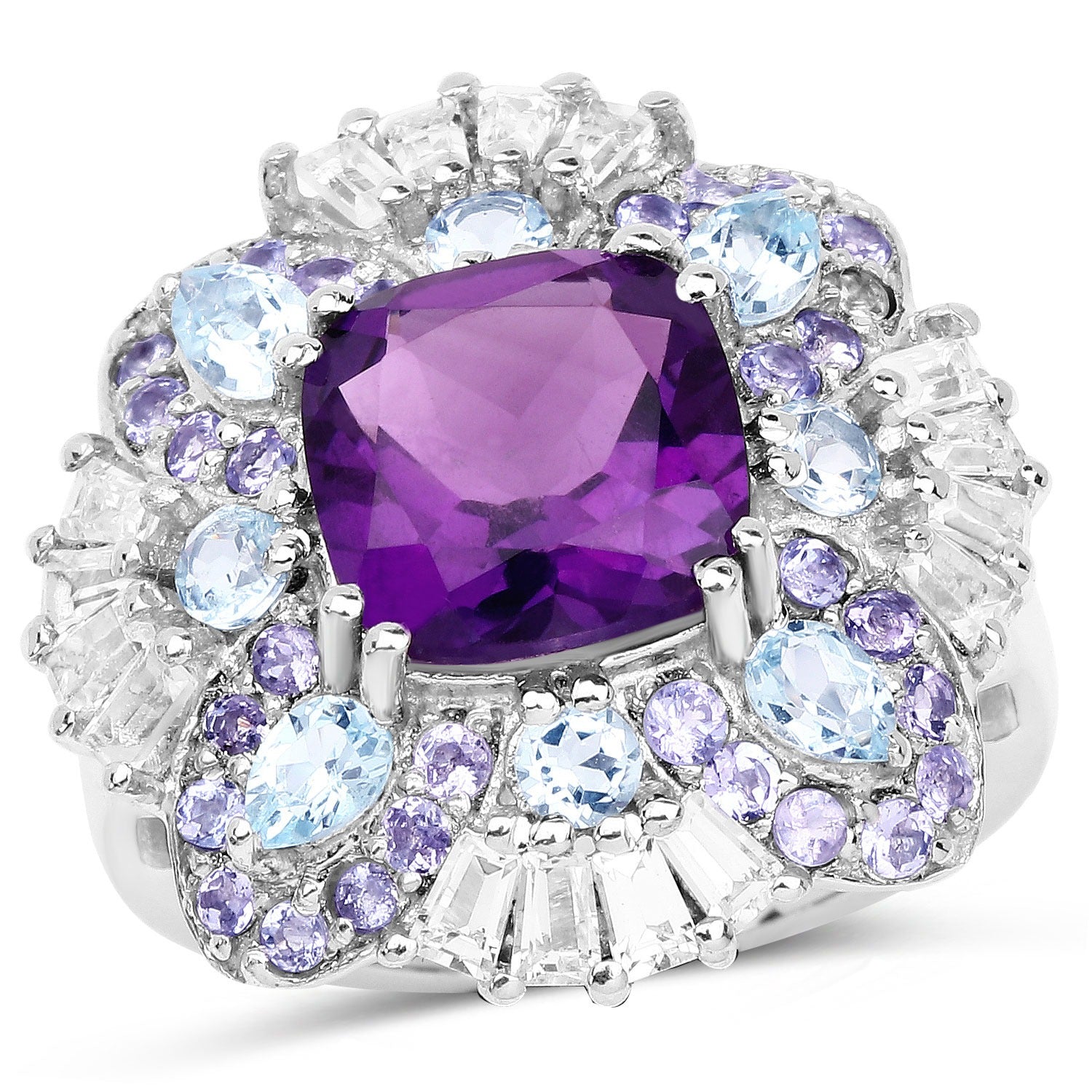 8.38 Ct Cushion Purple Amethyst Prong Sterling Silver Cluster Halo Cocktail Ring