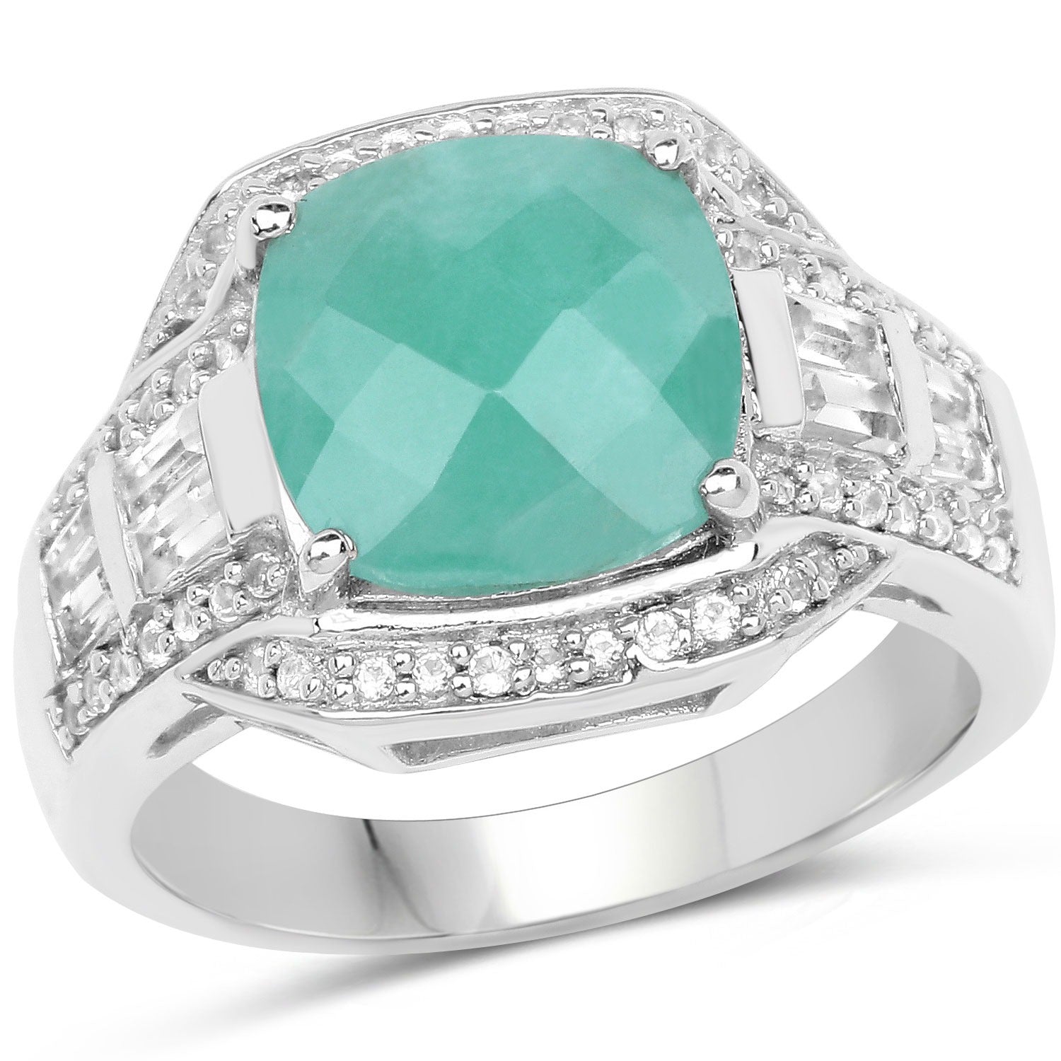 4.09 ct Cushion Green Emerald and White Topaz Prong Silver Halo Pave Statement Bold Ring