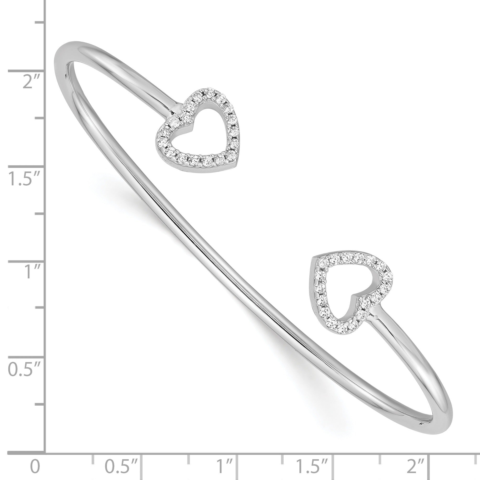 Cubic Zirconia Sterling Silver Two Heart Cuff Slip On Bangle Bracelet