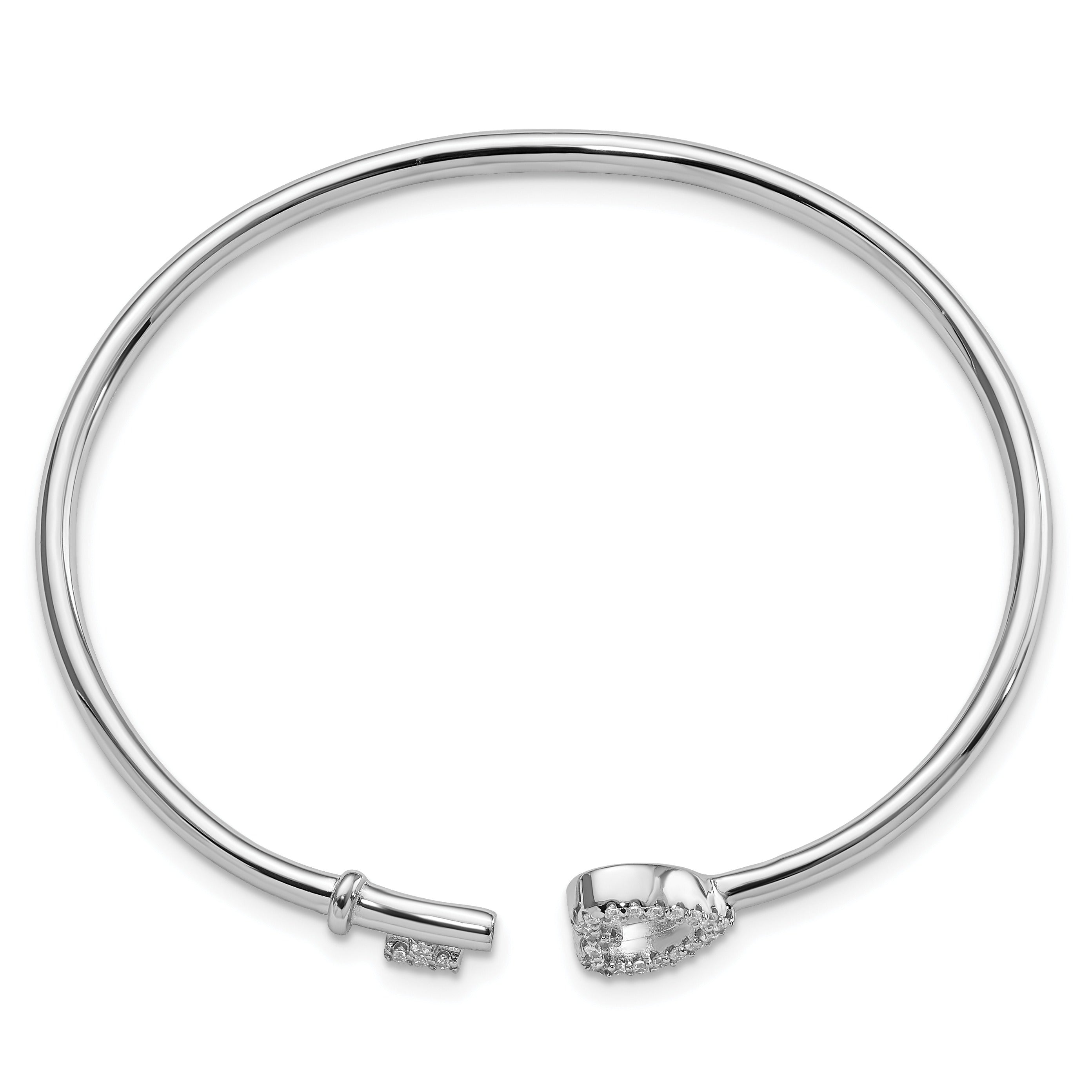 CZ Sterling Silver Heart and Key Flexible Slip On Bangle Bracelet