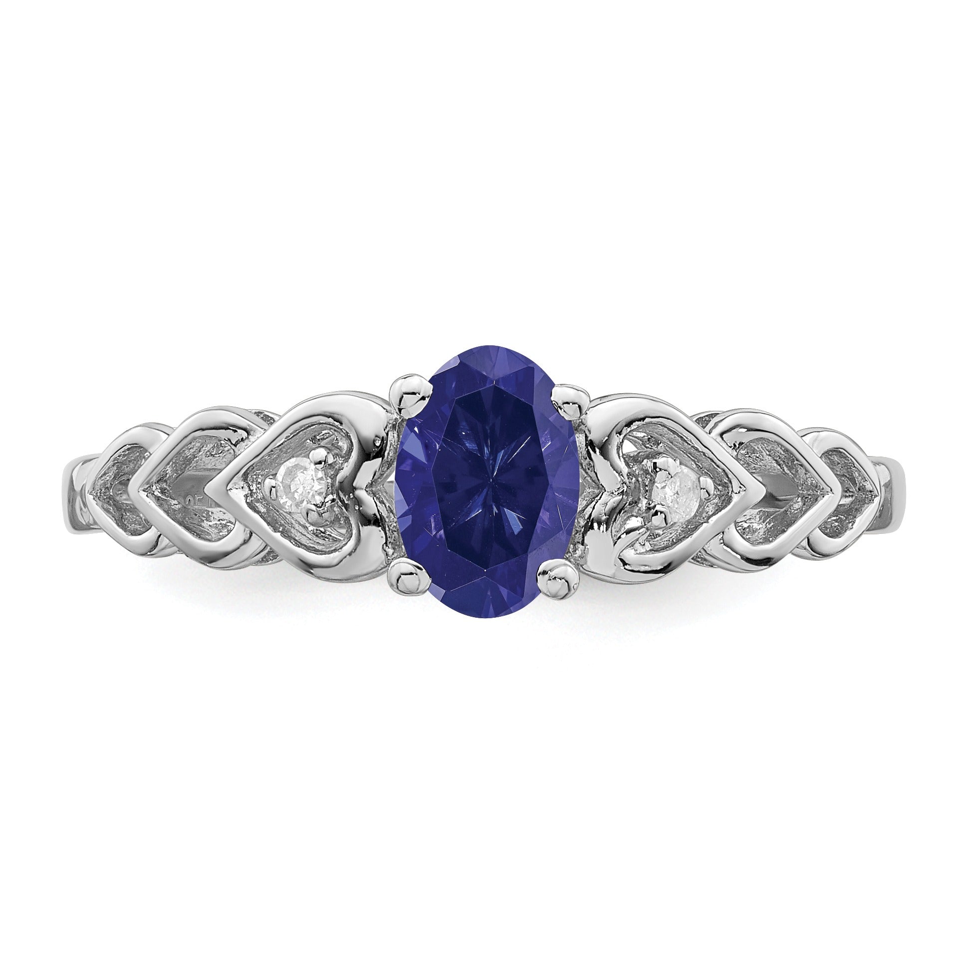 0.60 Ct Oval Blue Created Sapphire & Diamond Prong Rhodium-Plated Silver Solitaire Heart Band Ring
