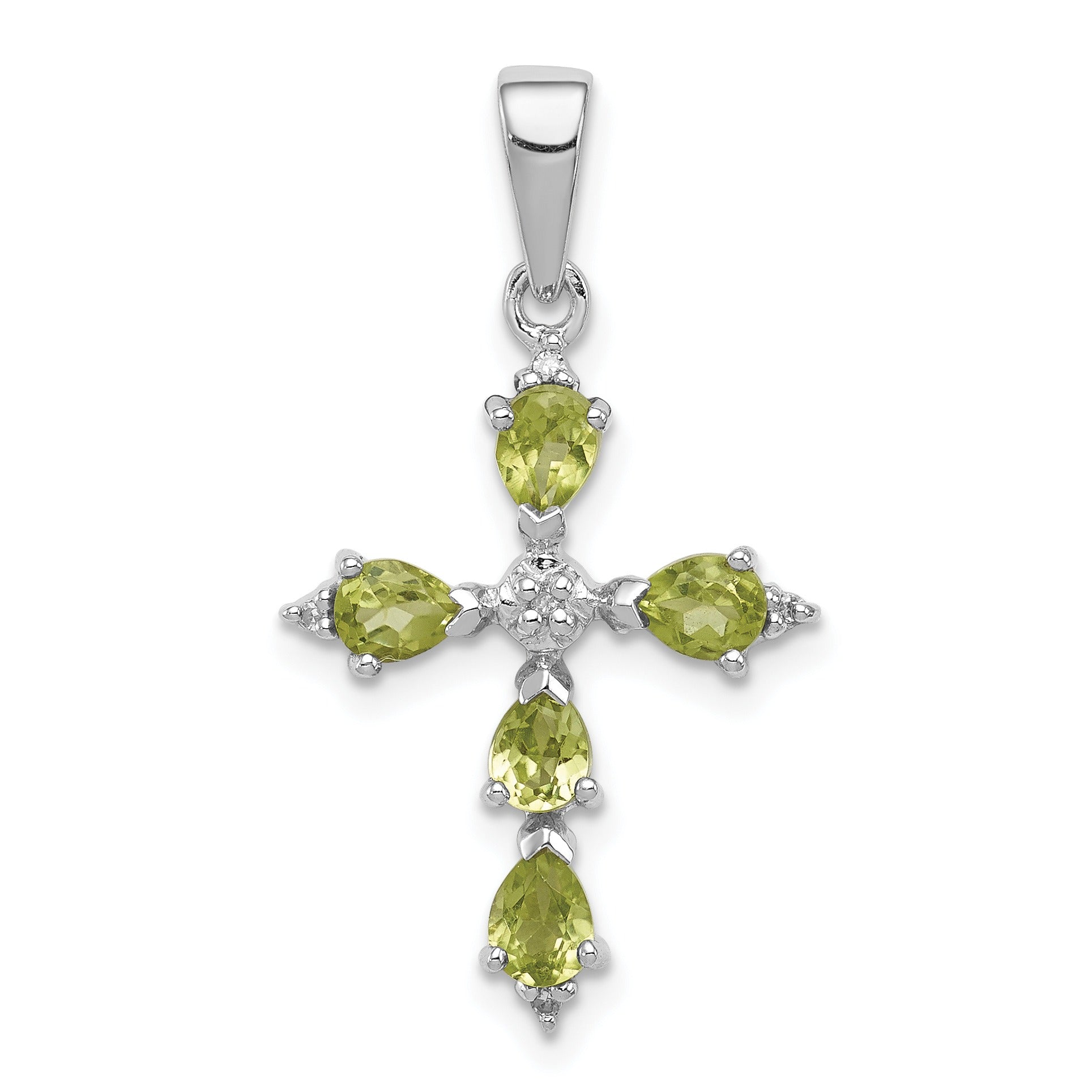 Silver Rhodium Pear Peridot and Diamond Cross Pendant